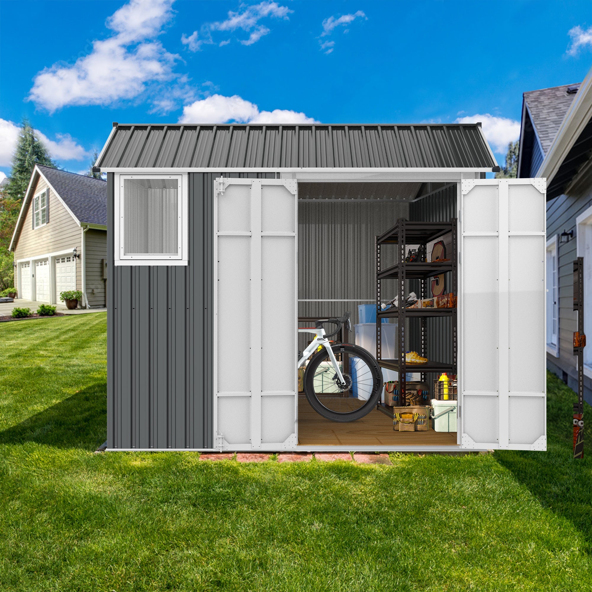 8x6 Ft Metal Outdoor Storage Shed with Window, Floor Base, Air Vents and Double Hinged Door image 1