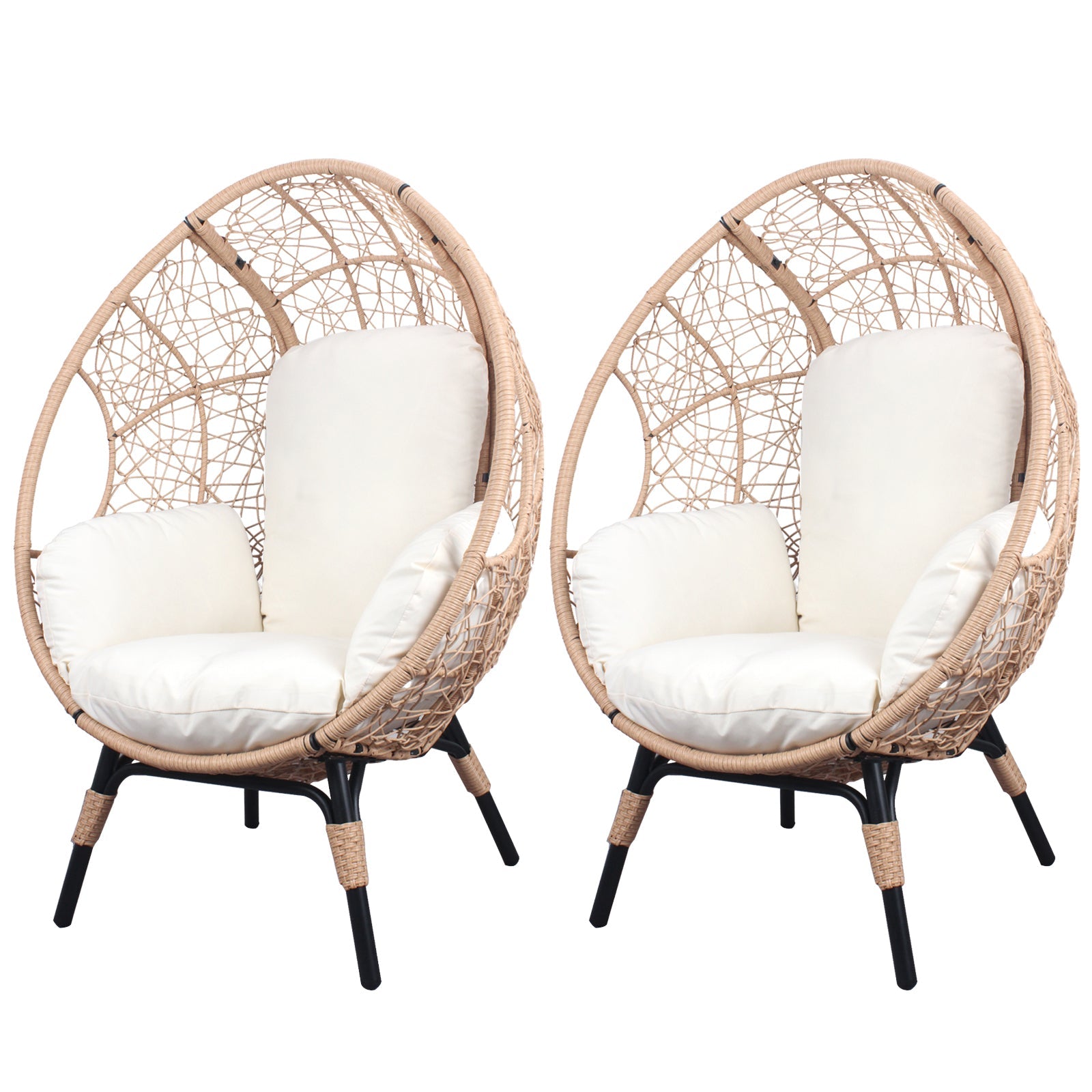2 Pieces Patio PE Wicker Egg Chairs Model 3 with Natural Color Rattan Beige Cushion image 1