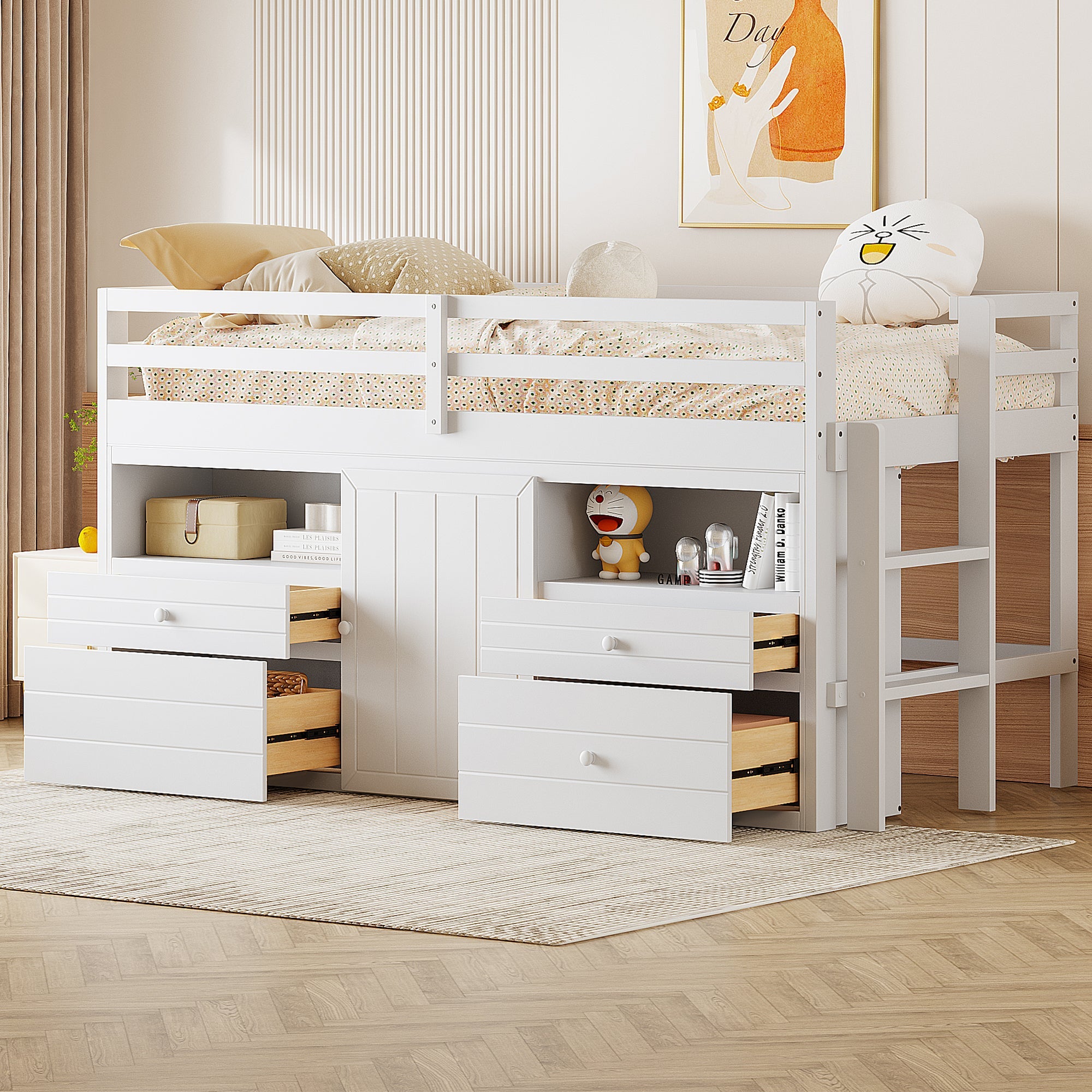 Twin Size Loft Bed with 4 Drawers, Underneath Cabinet and Shelves, White image 1
