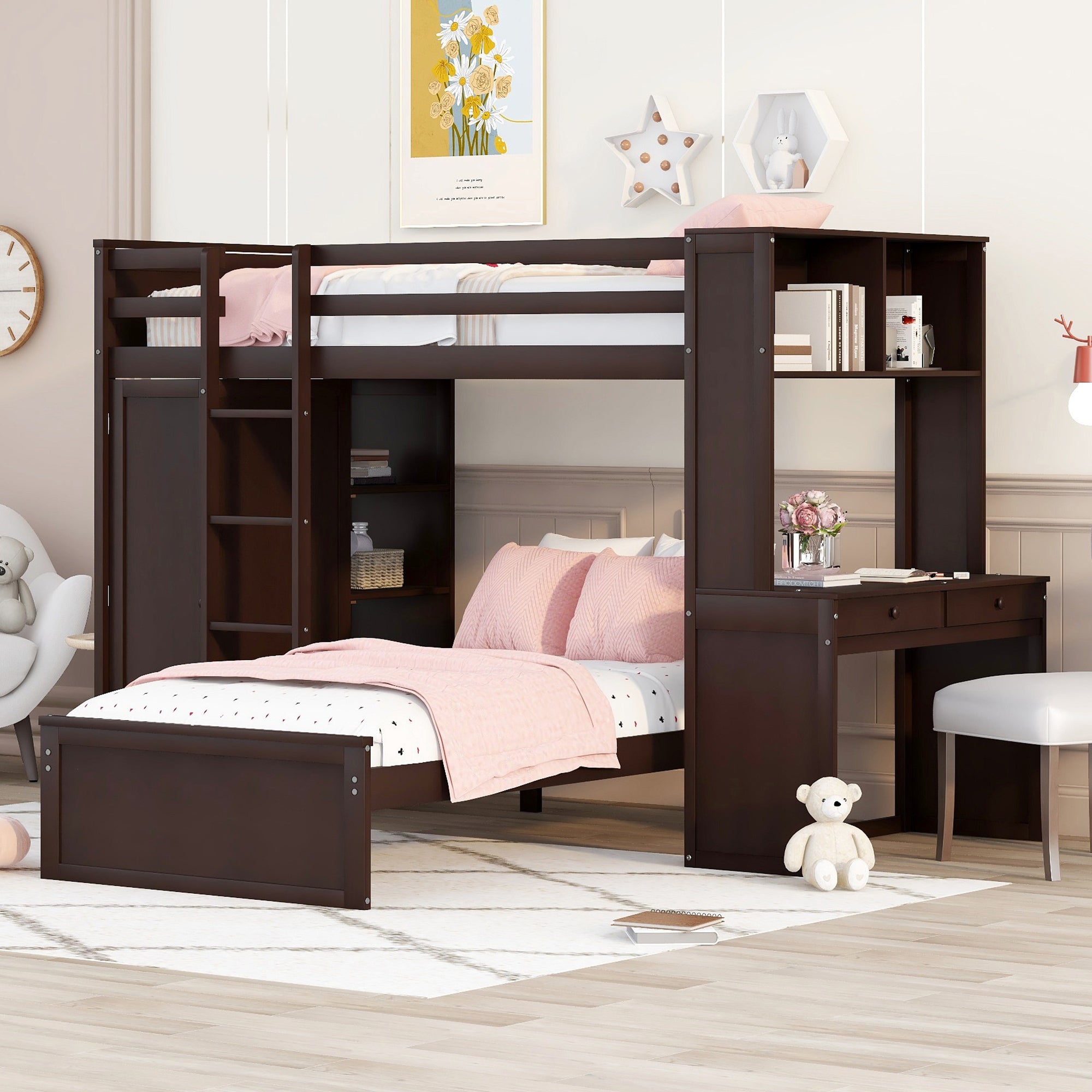 Twin size Loft Bed with a Stand-alone bed, Shelves,Desk,and Wardrobe-Espresso image 1