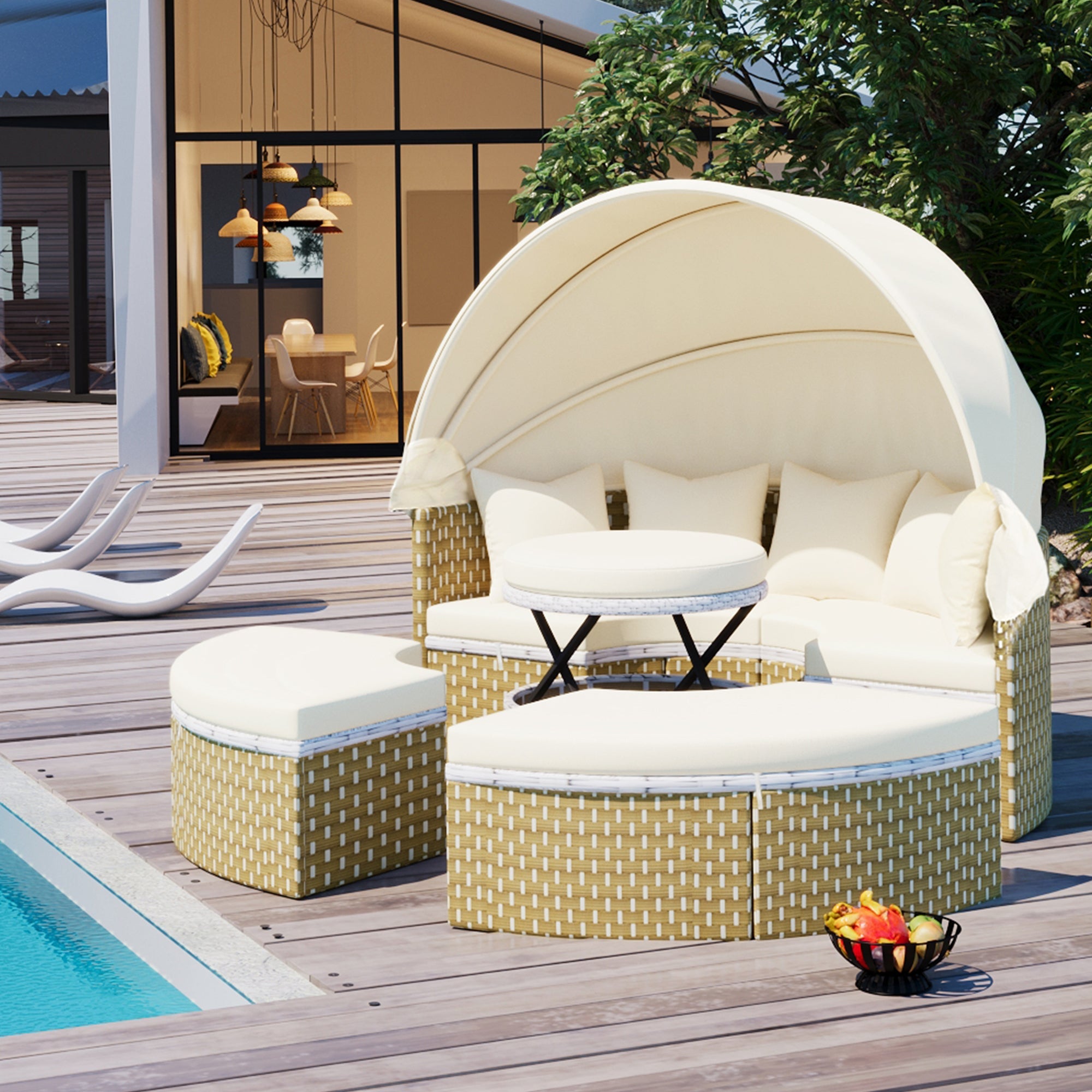 Patio Furniture Round Outdoor Sectional Sofa Set Rattan Daybed Two-Tone Weave Sunbed with Retractable Canopy, Separate Seating and Removable Cushion, Beige image 1