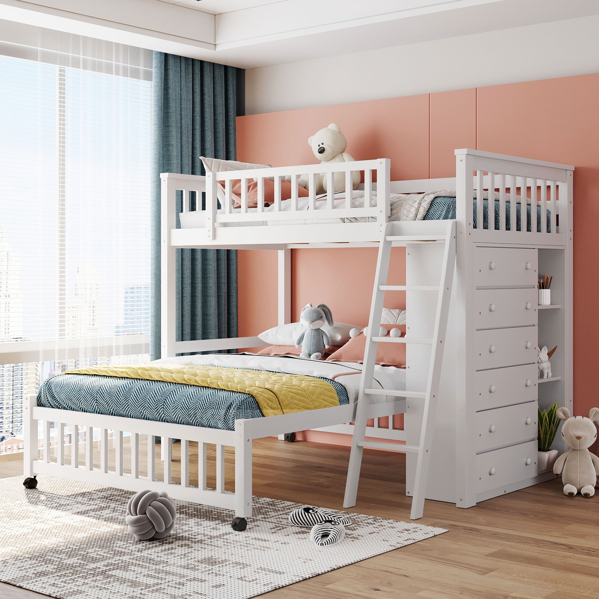 Wooden Twin Over Full Bunk Bed With Six Drawers And Flexible Shelves,Bottom Bed With Wheels,White image 1