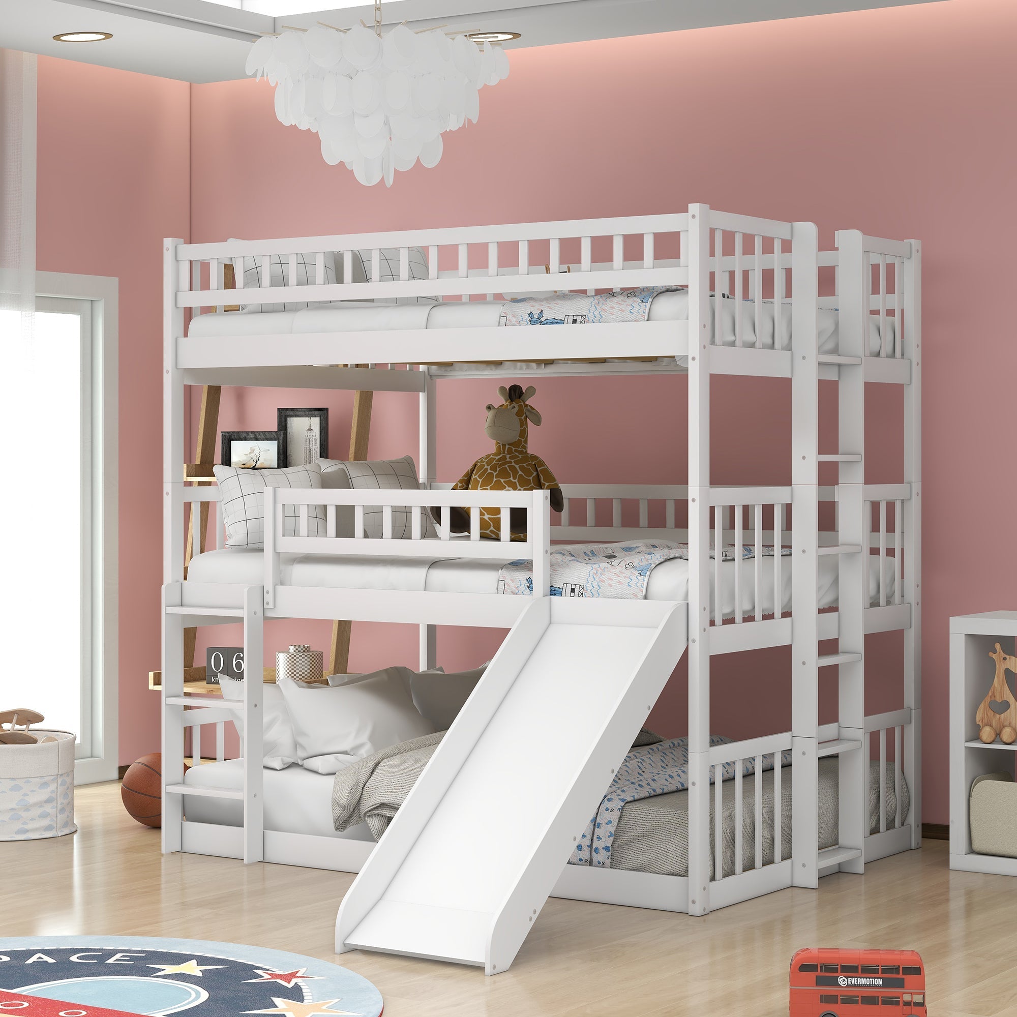Full-Over-Full-Over-Full Triple Bed with Built-in Ladder and Slide, Triple Bunk Bed with Guardrails, White image 1