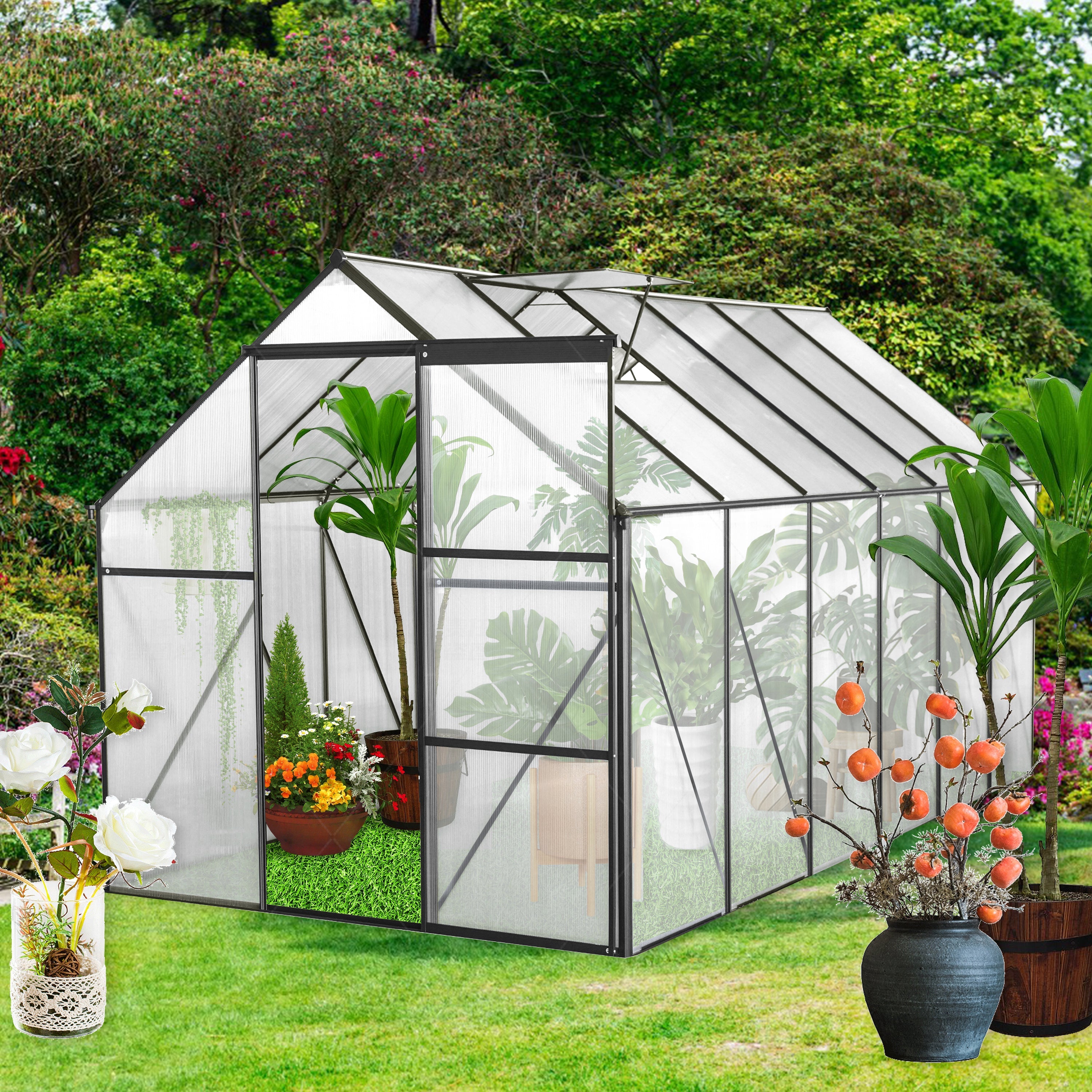 6x12 FT Polycarbonate Greenhouse Raised Base and Anchor Aluminum Heavy Duty Walk-in Greenhouses for Outdoor Backyard in All Season,Black image 1