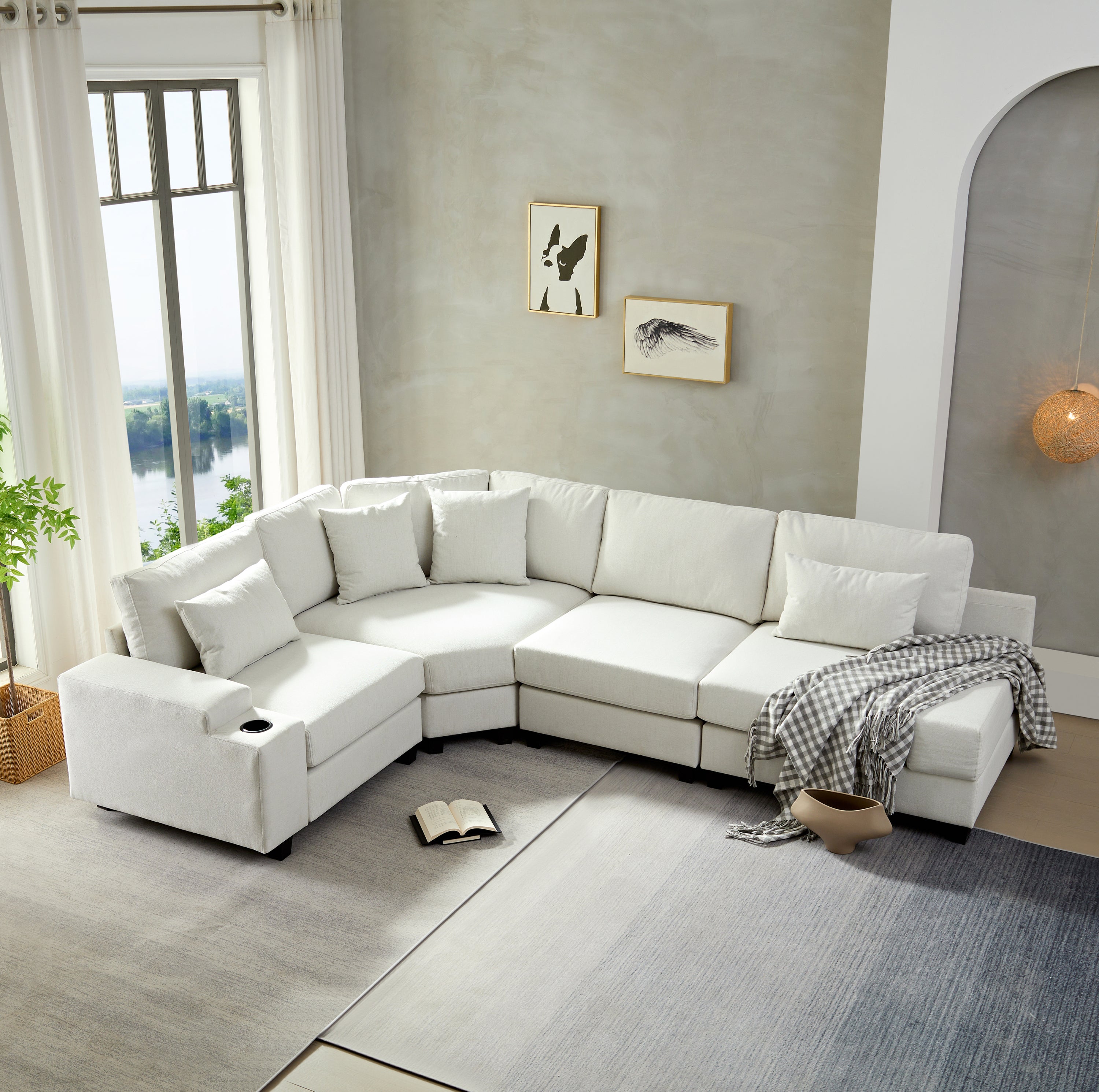 Stylish Modular Sofa Sectional with Polyester Upholstery with 4 Pillows, 1 Cup Holder with Free Combination for Living Room image 1