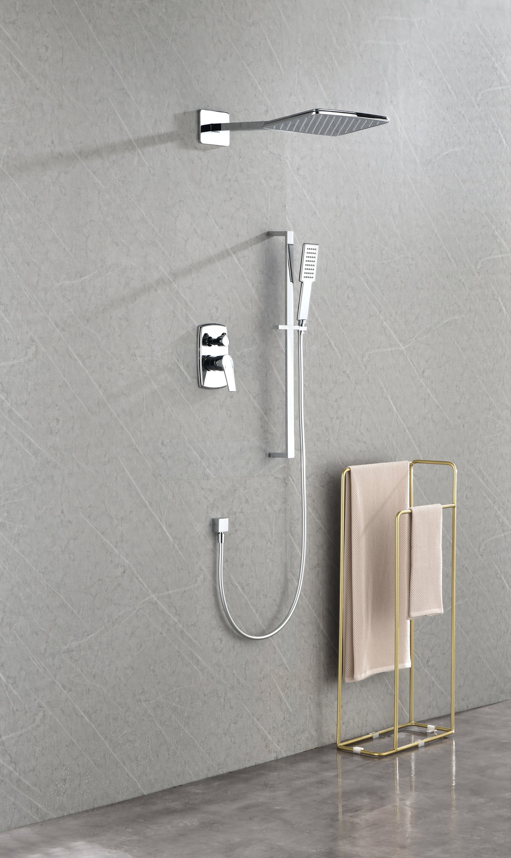 Shower System with Shower Head, Hand Shower, Slide Bar,, Shower Arm, Hose, Valve Trim, and Lever Handles image 1
