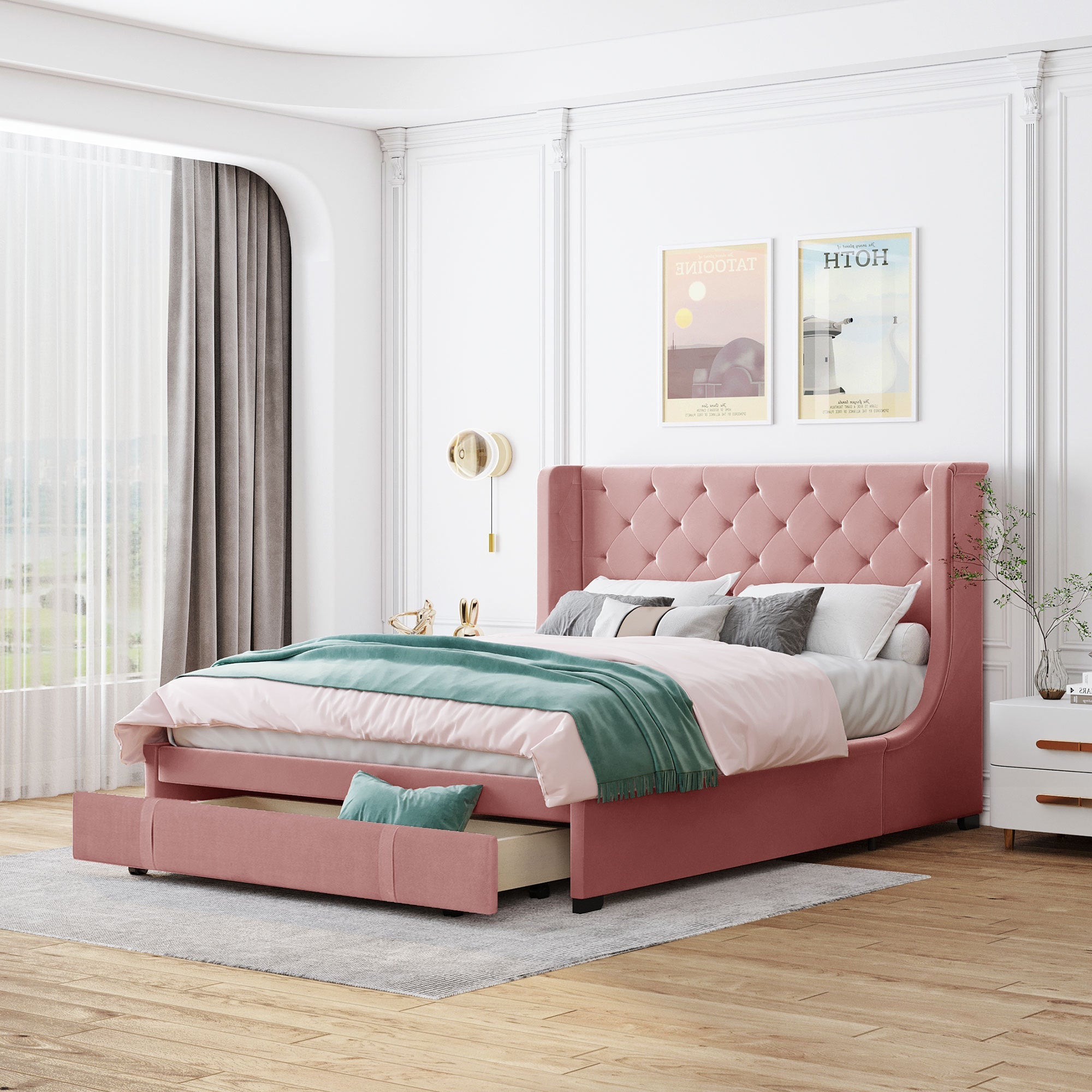 Queen Size Storage Bed Velvet Upholstered Platform Bed with Wingback Headboard and a Big Drawer (Pink) image 1