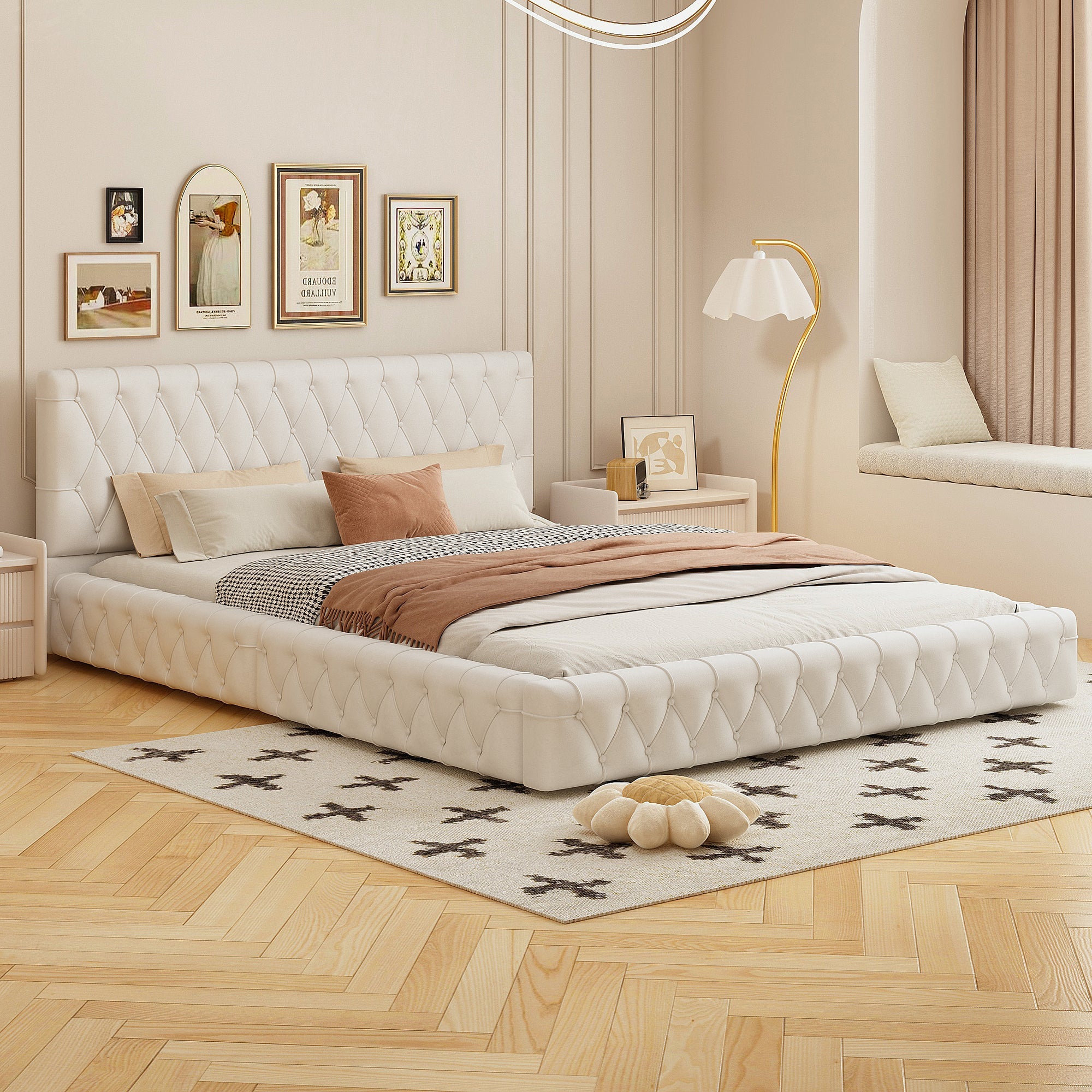 Queen Size Upholstered Bed with Tufted Headboard, Modern Velvet Platform Bed, No Box Spring Required, White image 1