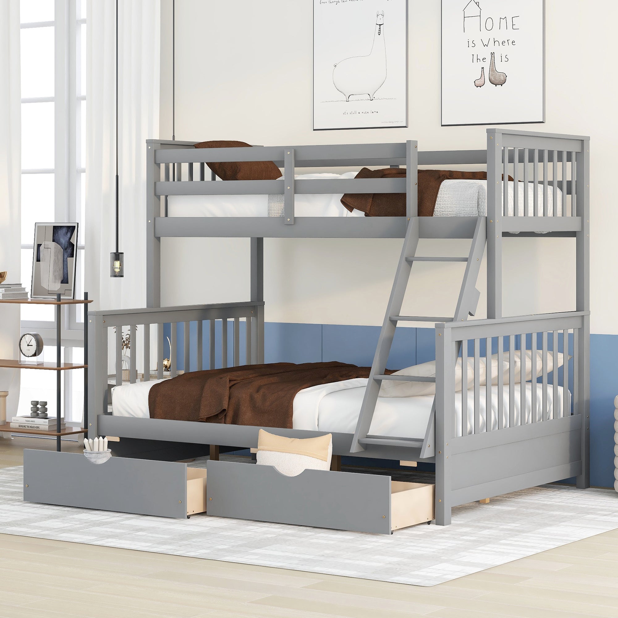 Twin-Over-Full Bunk Bed with Ladders and Two Storage Drawers(Gray){o image 1
