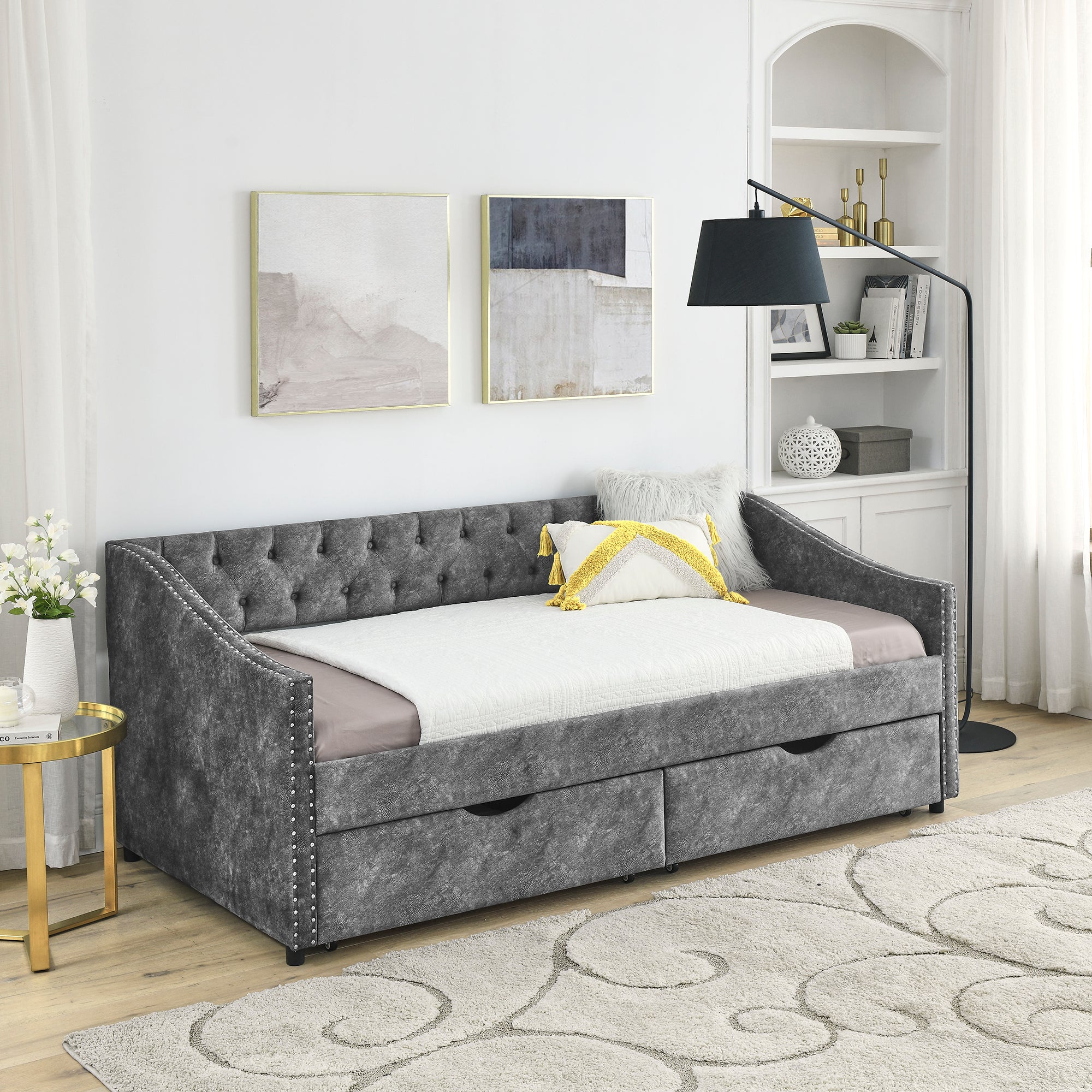 Twin Size Daybed with Drawers Upholstered Tufted Sofa Bed, with Button on Back and Copper Nail on Waved Shape Armsrey1.5