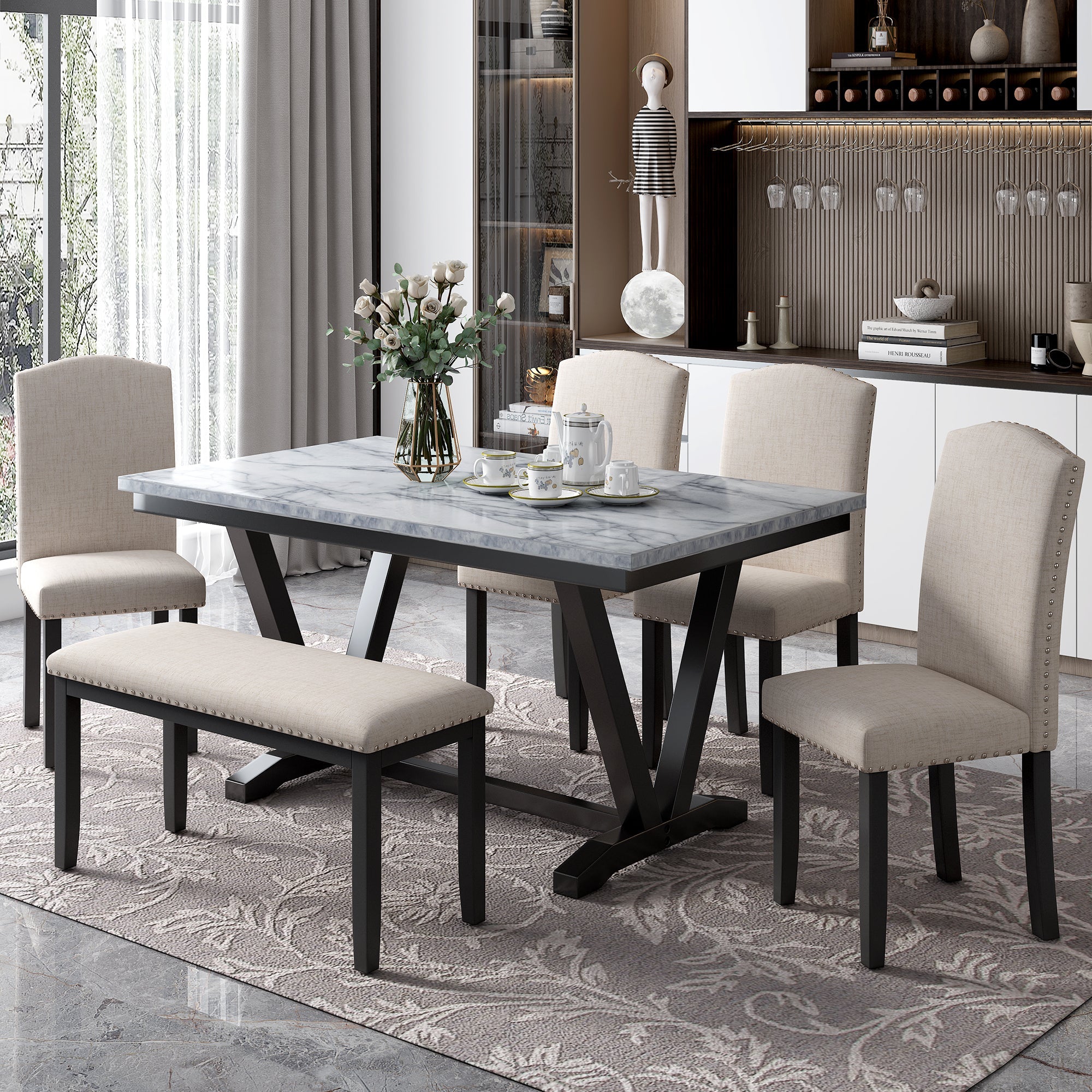 Modern Style 6-piece Dining Table with 4 Chairs & 1 Bench, Table with Marbled Veneers Tabletop and V-shaped Table Legs (White) image 1