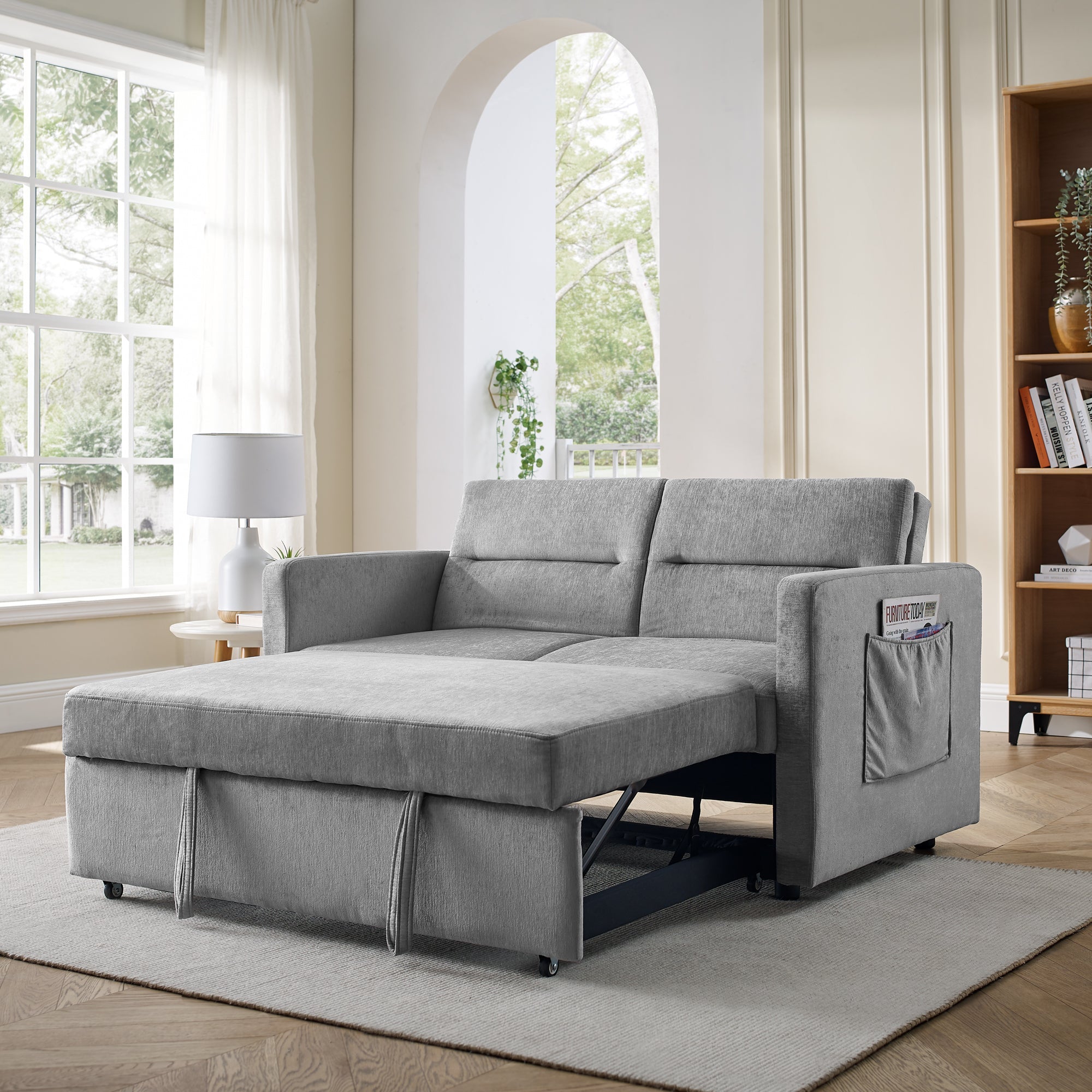 Loveseats Sofa Bed with Pull-out Bed, Adjustable Back and Two Arm Pocket, Grey image 1