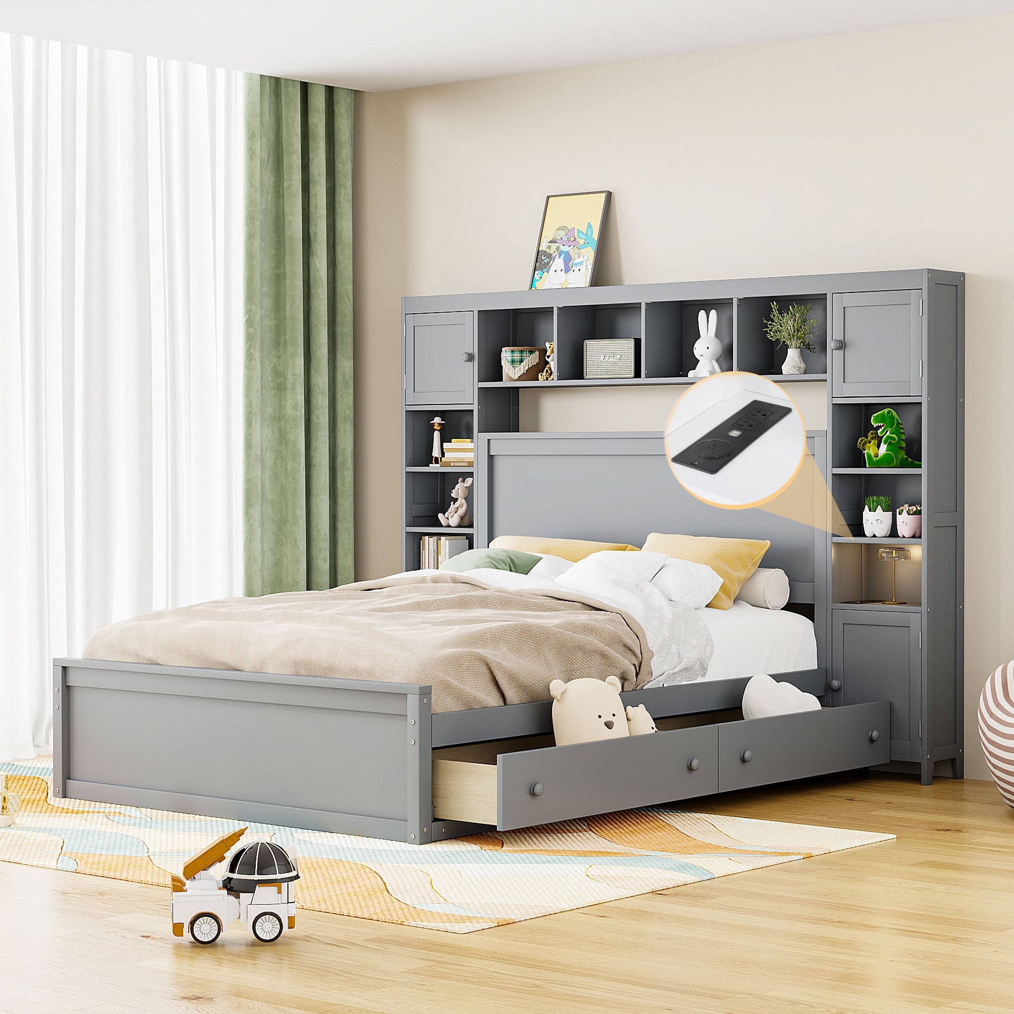 Queen Size Wooden Bed With All-in-One Cabinet, Shelf and Sockets, Gray image 1