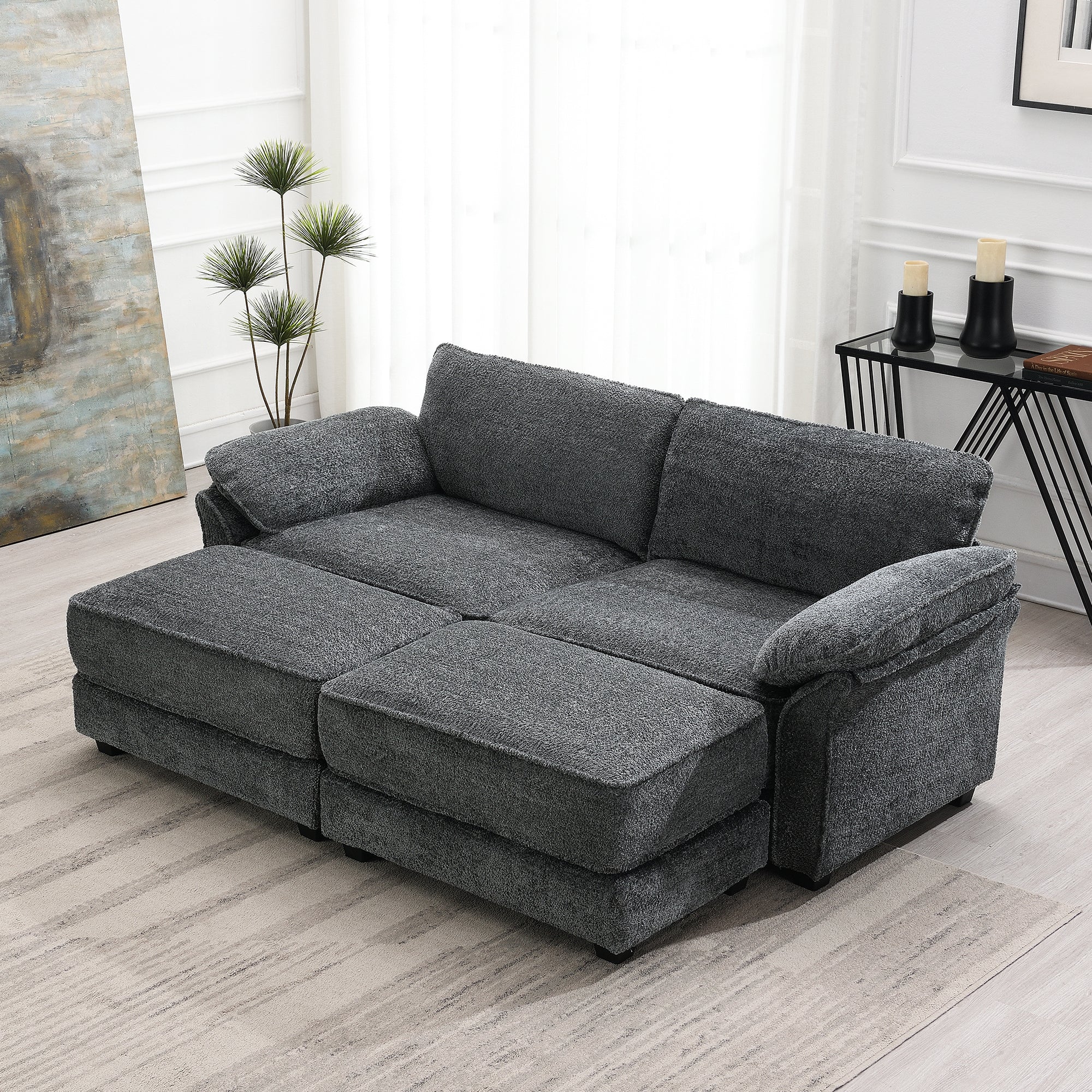Free Combination Modular Convertible Sectional Sofa Bed Set, 4 Seat Upholstered Sleeper Corner Couch, Deep-Seat Loveseat with Ottoman for Living Room, Office, Apartment,2 Colors image 1