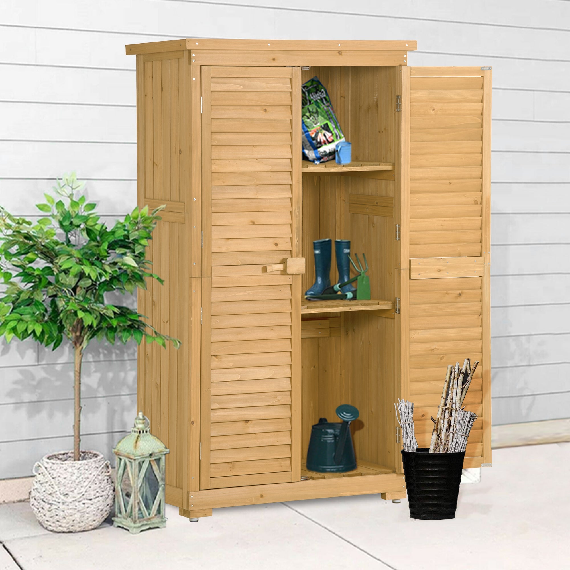 Wooden Garden Shed 3-tier Patio Storage Cabinet Outdoor Organizer Wooden Lockers with Fir Wood (Natural Wood Color -Shutter Design) image 1
