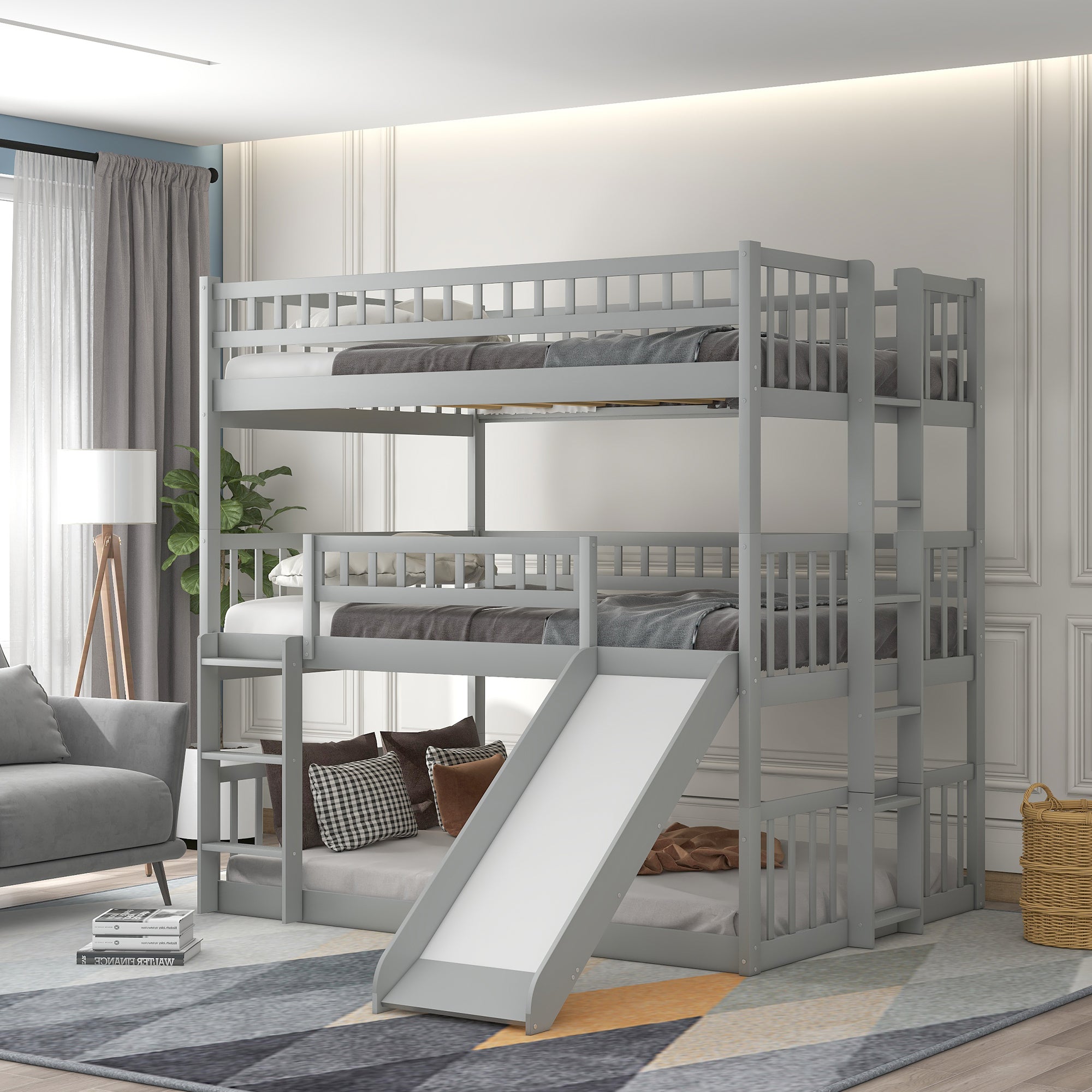 Full-Over-Full-Over-Full Triple Bed with Built-in Ladder and Slide, Triple Bunk Bed with Guardrails, Gray image 1
