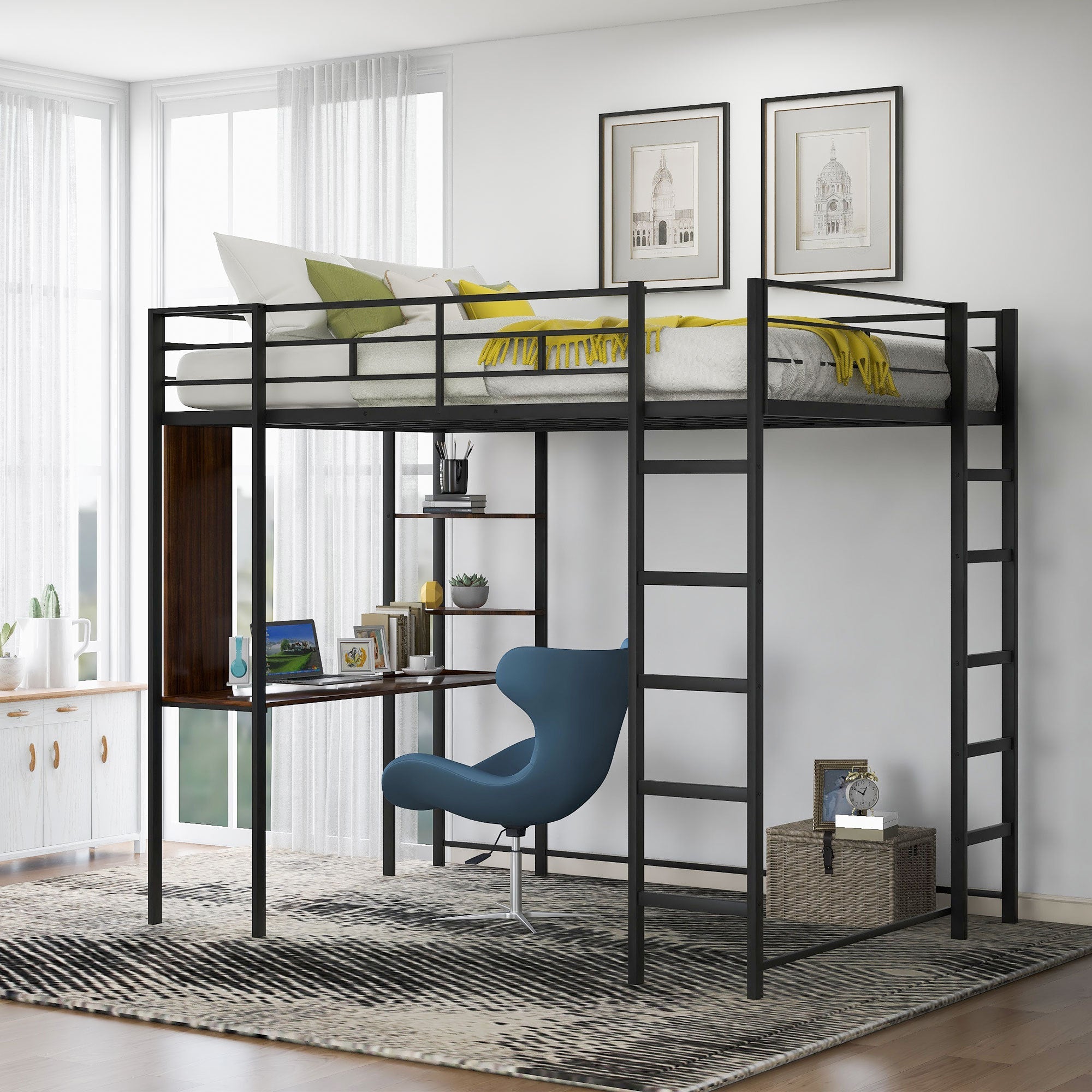 Full Size Metal Loft Bed with 2 Shelves and one Desk, Black image 1