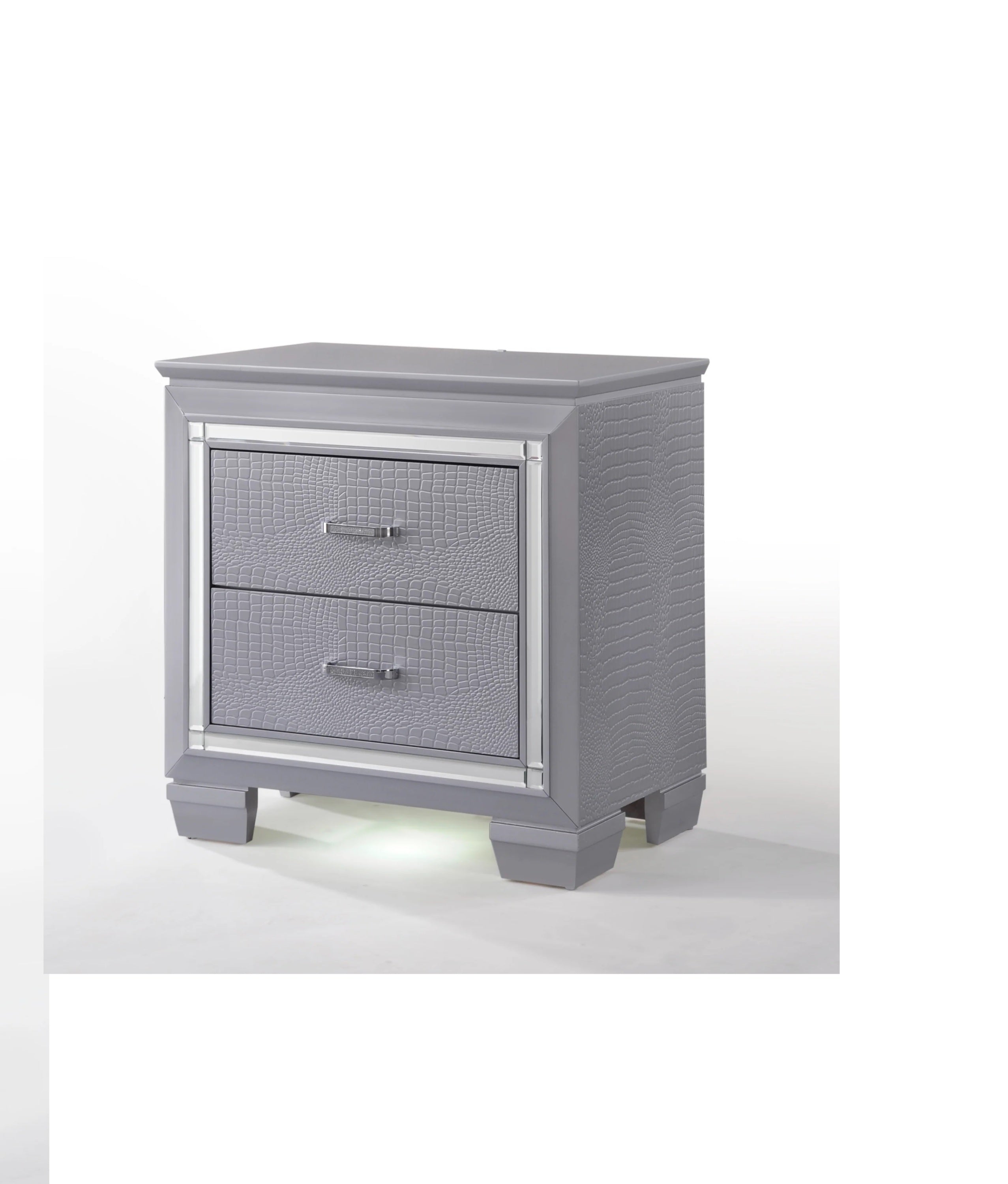 1pc Modern & Glam Style Two Drawers Nightstand Solid Wood Built-in Night Light Silver Crocodile Finish image 1