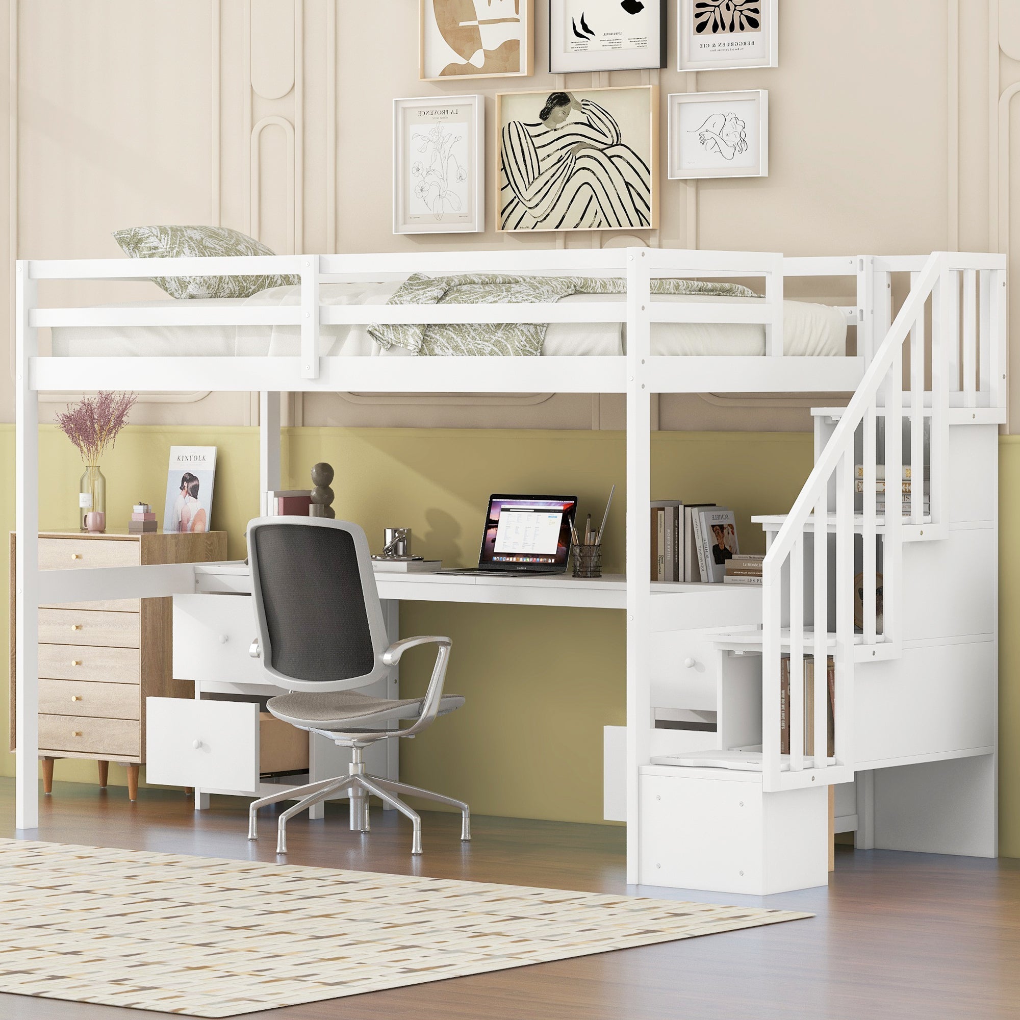 Twin Size Loft Bed Frame with Built-in Desk and Double Storage Drawers,White image 1