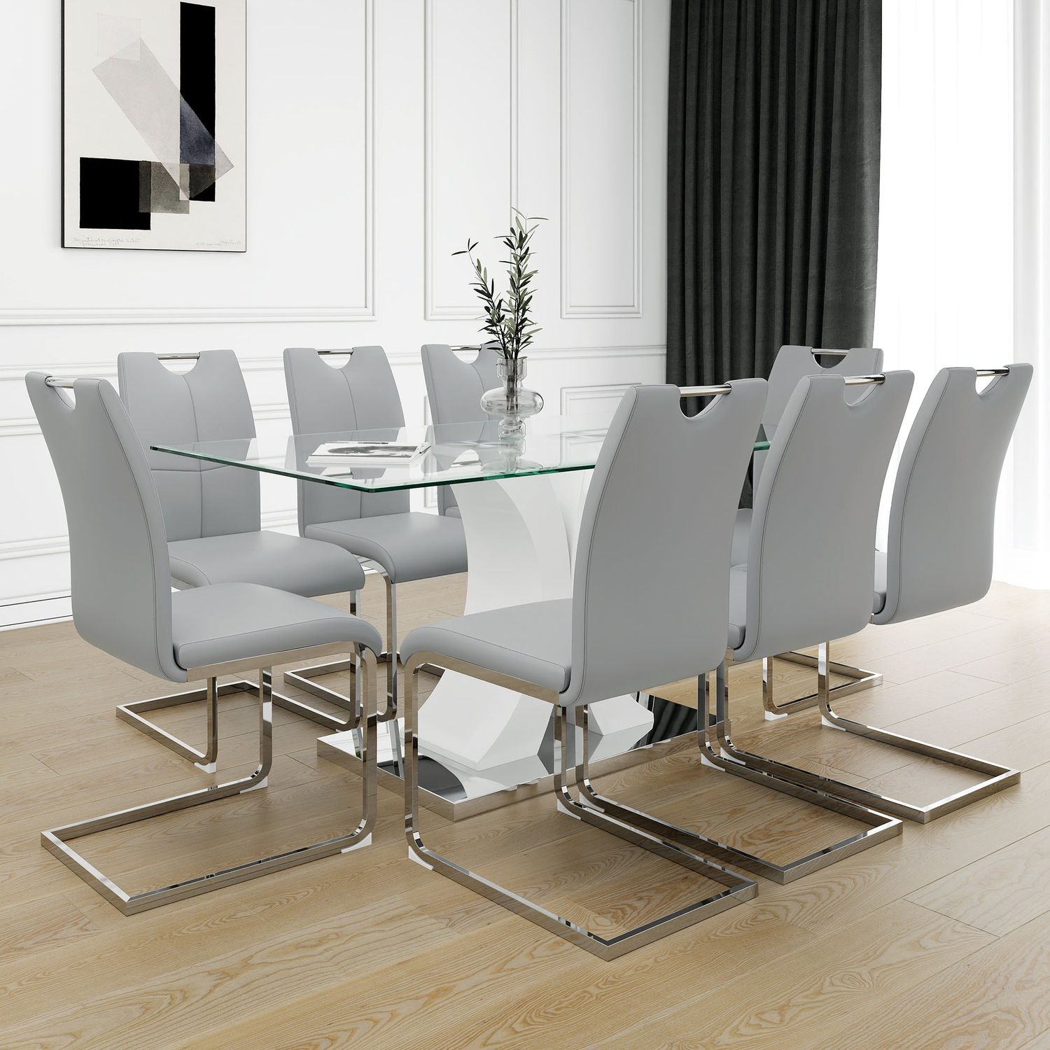 Modern style glass table, elegant transparent design, durable support base, Gray dining chair set, electroplated chair legs, suitable for restaurant kitchens(set of 9) image 1