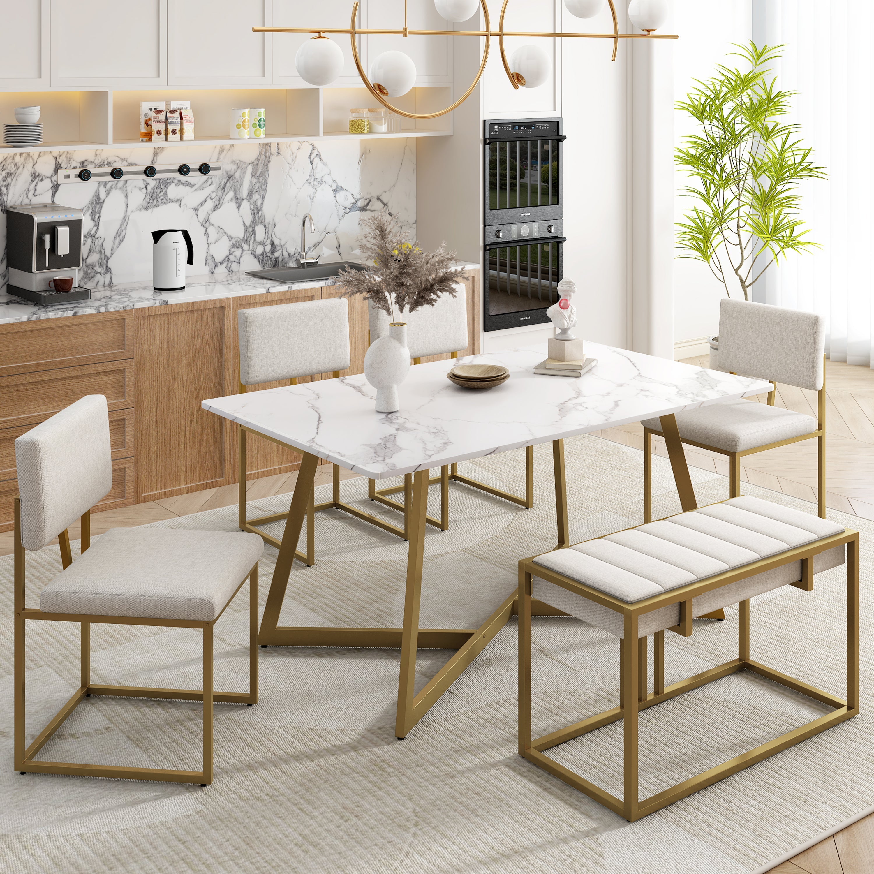 Modern Faux Marble 6-Piece Dining Table Set,60inch Metal Kitchen Table Set with Upholstered Dining Chairs and Bench, Golden image 1