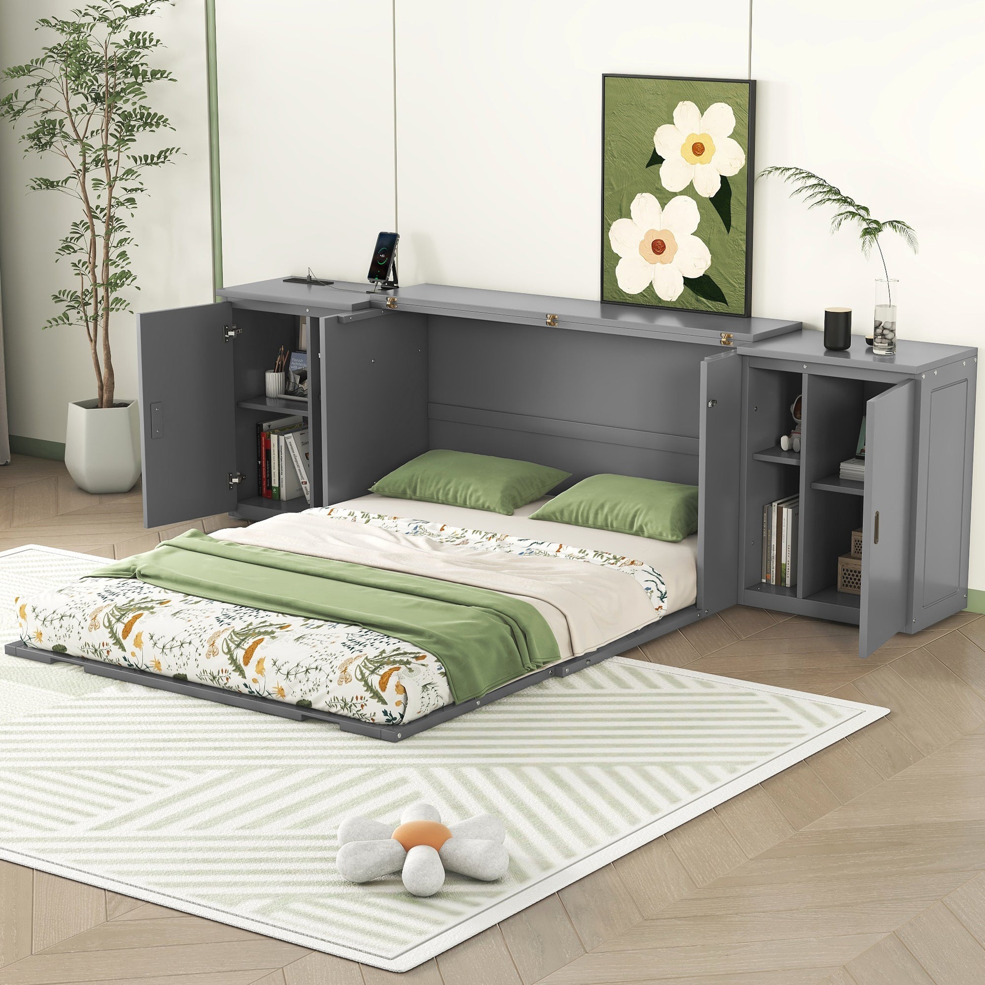 Queen Size Murphy Bed with Shelves, Cabinets and USB Ports,Gray image 1