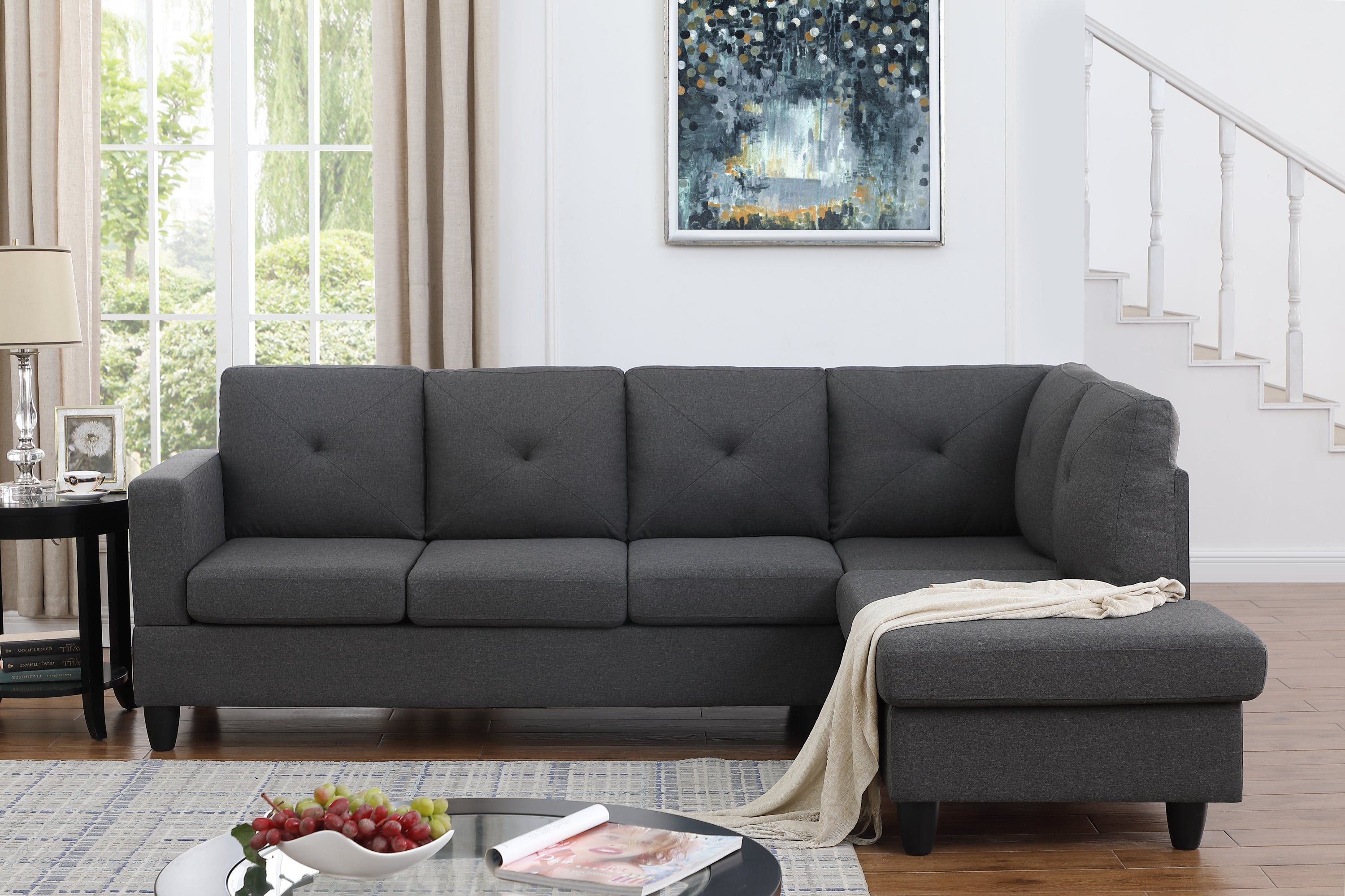 Santiago Dark Gray Linen Sectional Sofa with Right Facing Chaise image 1