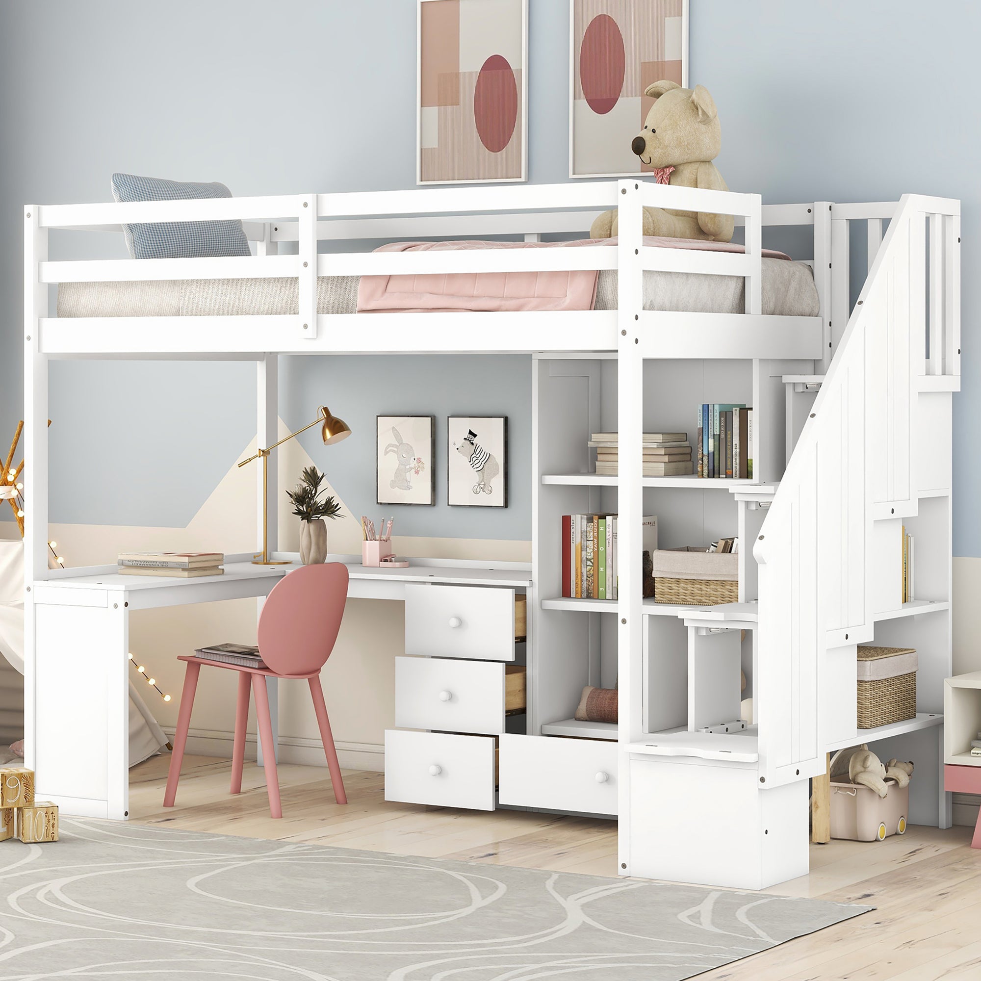 Twin Size Loft Bed with L-Shaped Desk and Drawers, Cabinet and Storage Staircase, White image 1