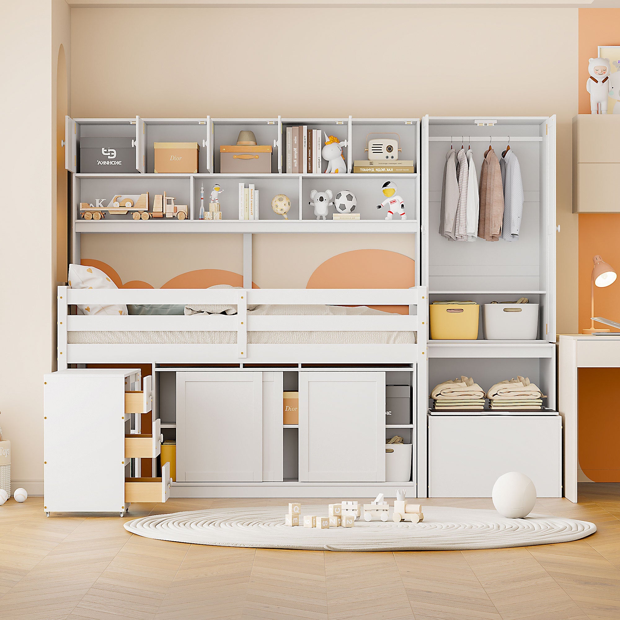 Twin Size Wooden Loft Bed Big Storage with Under-bed Desk, with Drawers, with Shelves, White image 1
