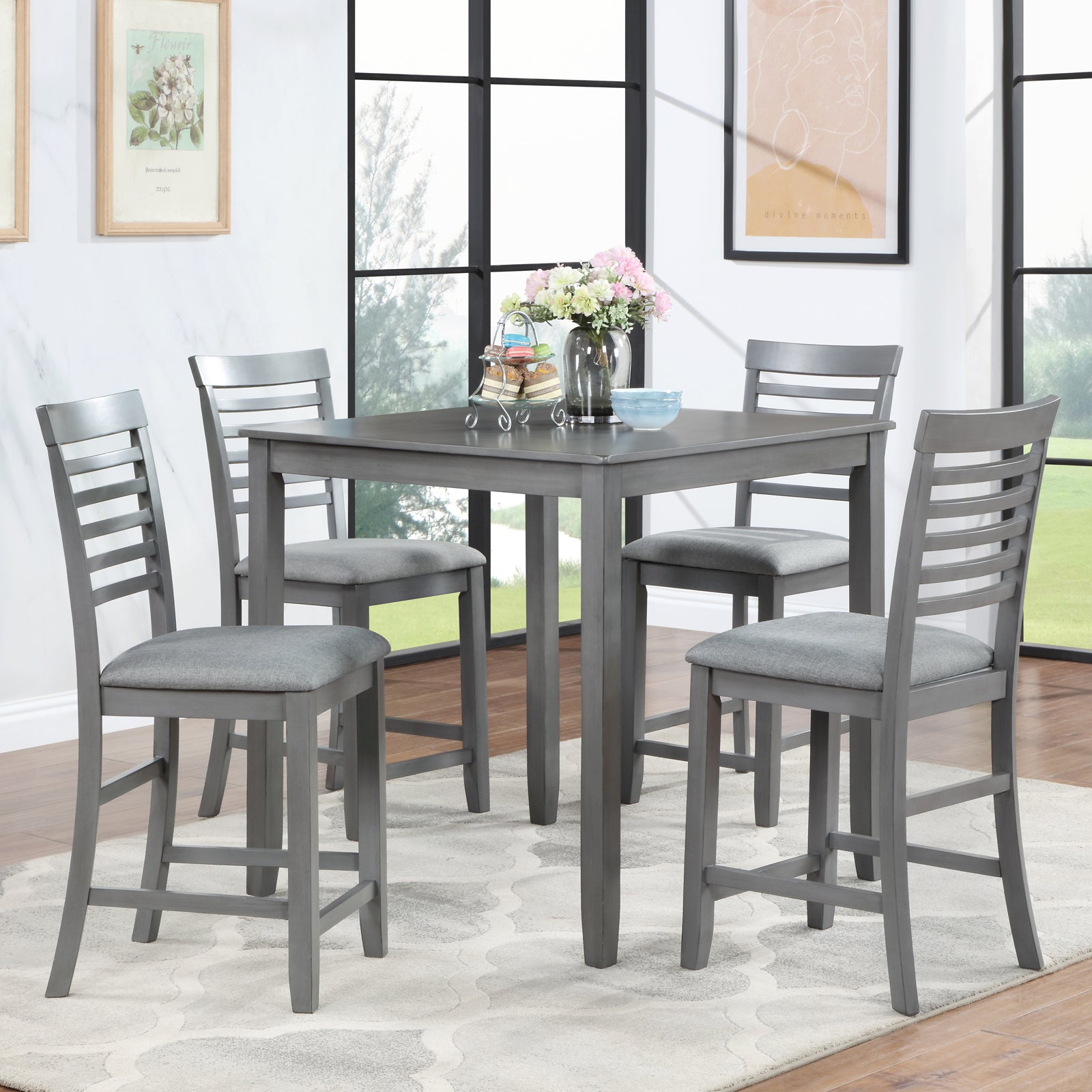 5 Piece Dining Table Set, Wooden Dining Square Table Set for 4, Counter Height Kitchen Table Set with Square Table and 4 Upholstered Chairs for Small Space, Gray image 1