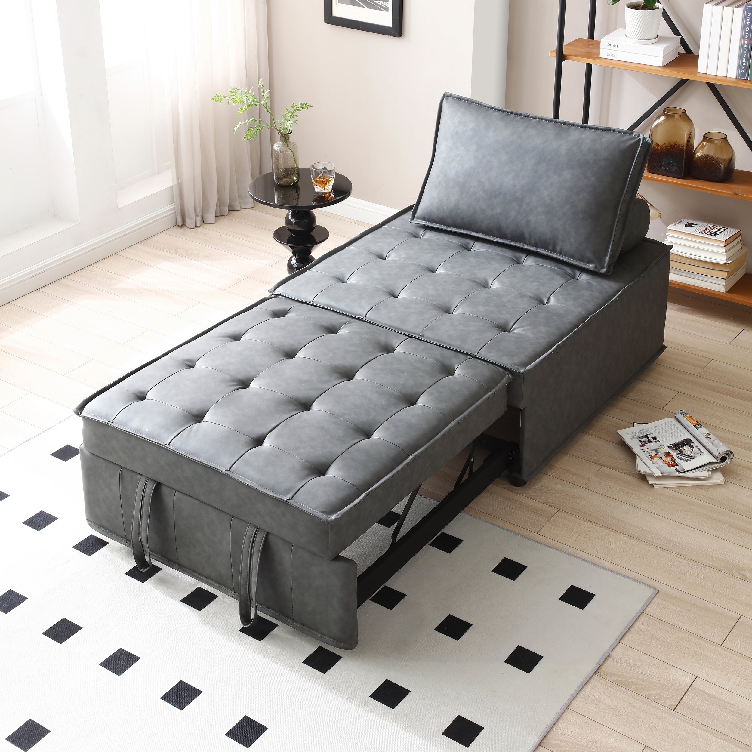 Multipurpose Faux Leather Ottoman Lazy Chair Pulling Out Sofa Bed (Dark Grey) image 1