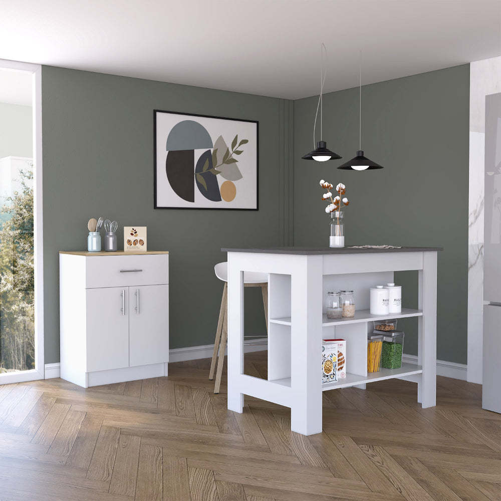 California 2 Piece Kitchen Set, Delos Kitchen Island + Barbados Pantry Cabinet, White /Onyx /Light Oak image 1
