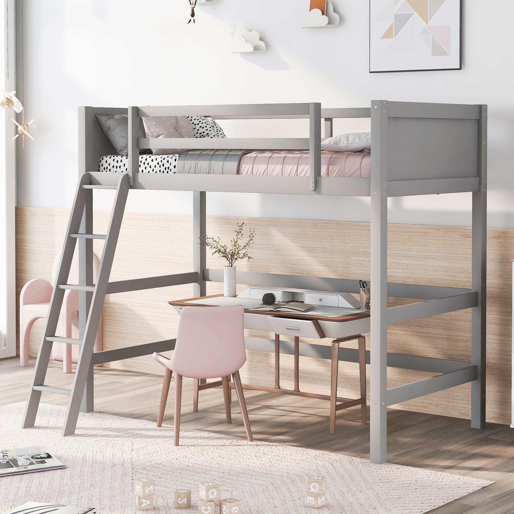 Solid Wood Twin Size Loft Bed with Ladder (Gray) image 1