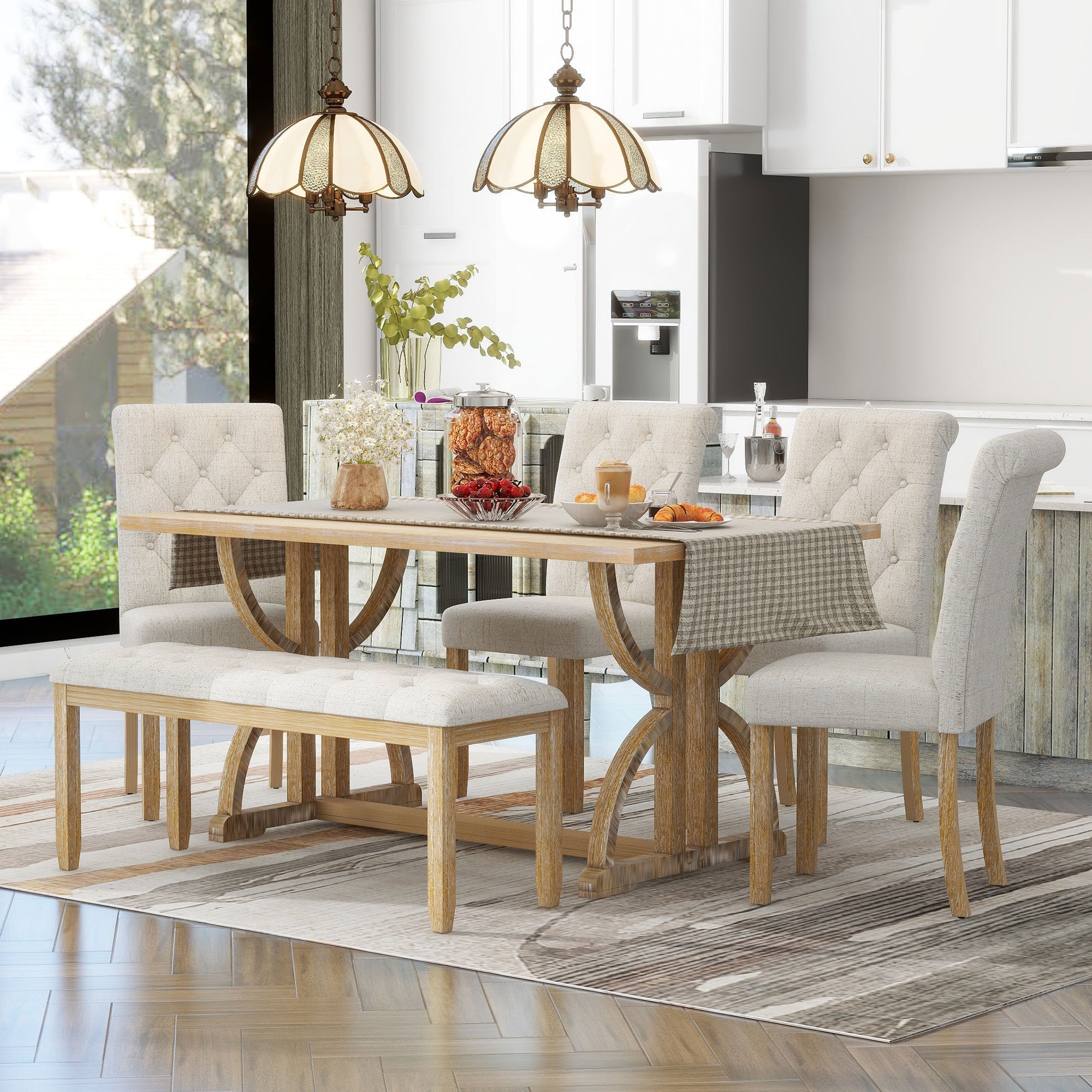 6-Piece Retro Rectangular Dining Table Set, Table with Unique Legs and 4 Upholstered Chairs & 1 Bench for Dining Room and Kitchen (Natural Wood Wash) image 1