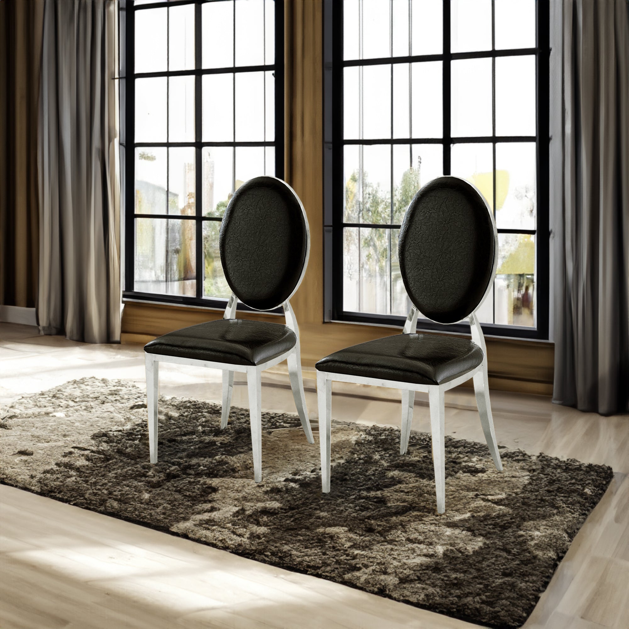 Leatherette Dining Chair Set of 2, Oval Backrest Design and Stainless Steel Legs image 1