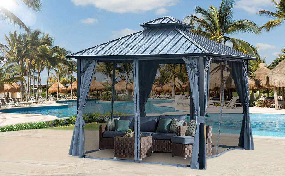 10x12ft Gazebo Double Roof Canopy with Netting and Curtains, Outdoor Gazebo 2-Tier Hardtop Galvanized Iron Aluminum Frame Garden Tent for Patio, Backyard, Deck and Lawns image 1