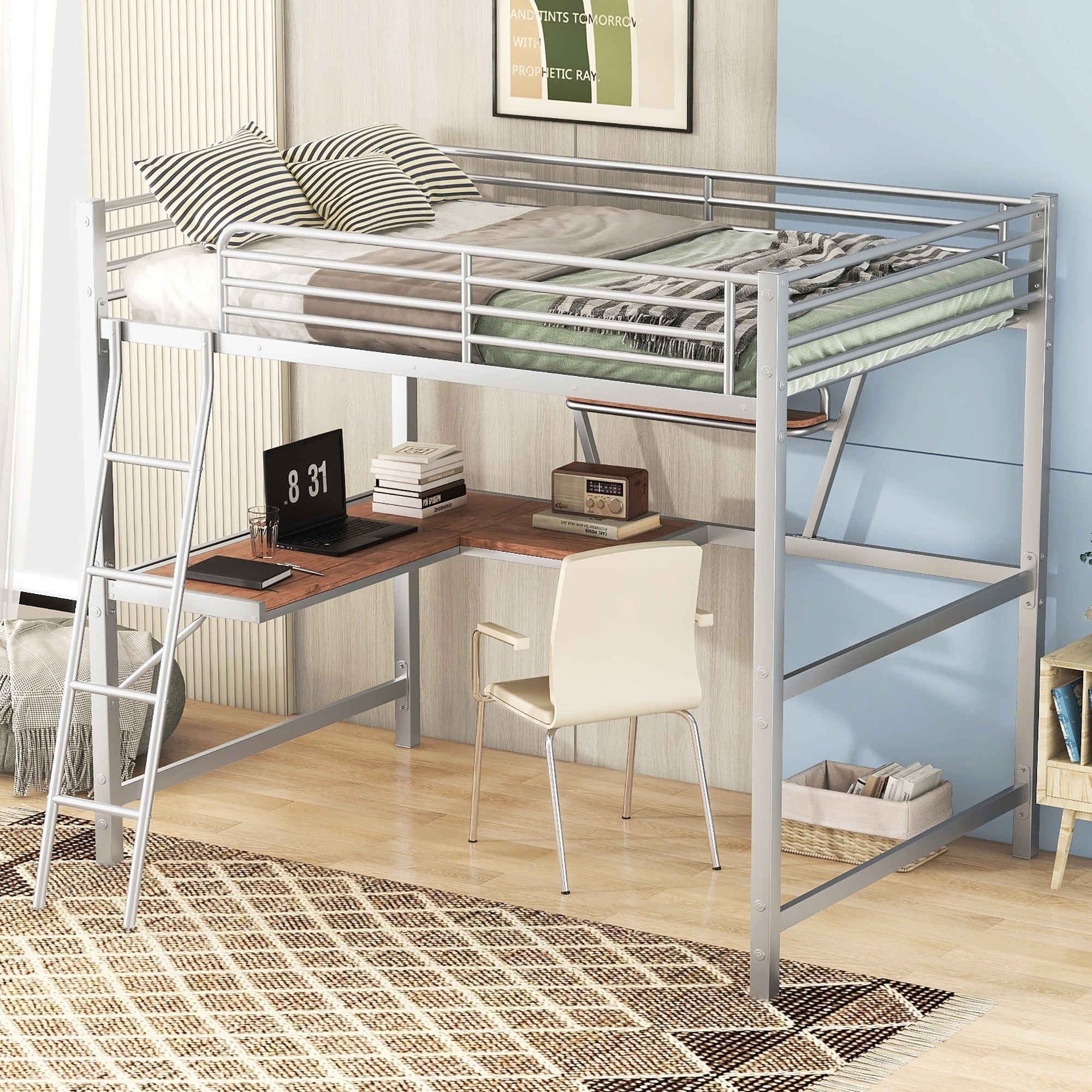 Full Size Loft Metal&MDF Bed with Desk and Shelf, Silver image 1