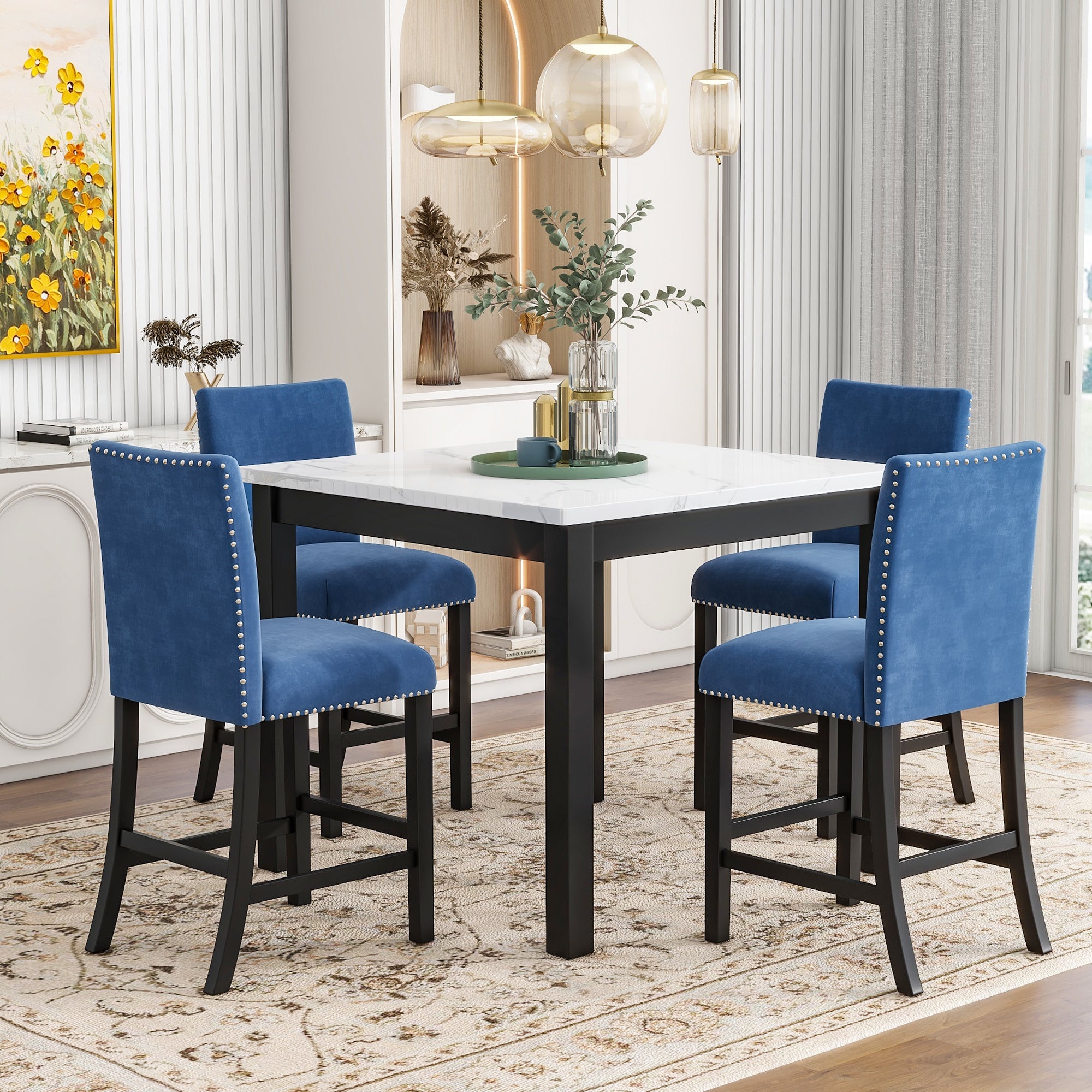 5-piece Counter Height Dining Table Set with One Faux Marble Top Dining Table and Four Velvet-Upholstered Chairs,Blue image 1