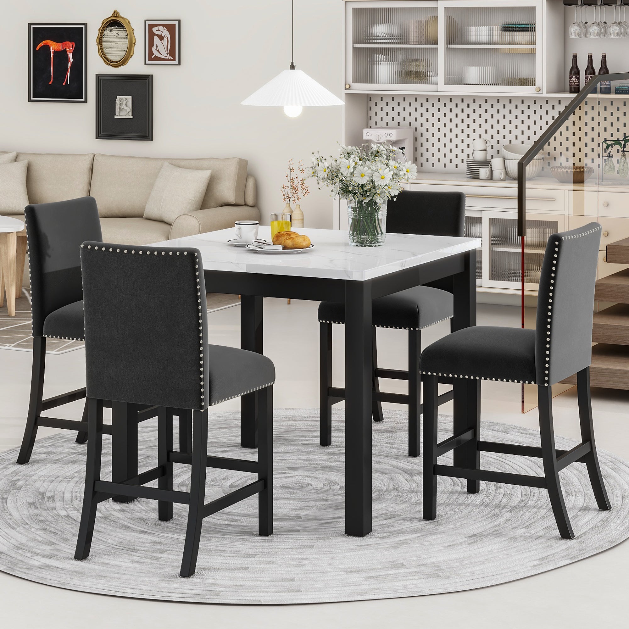 5-piece Counter Height Dining Table Set with One Faux Marble Top Dining Table and Four Velvet-Upholstered Chairs,Black image 1