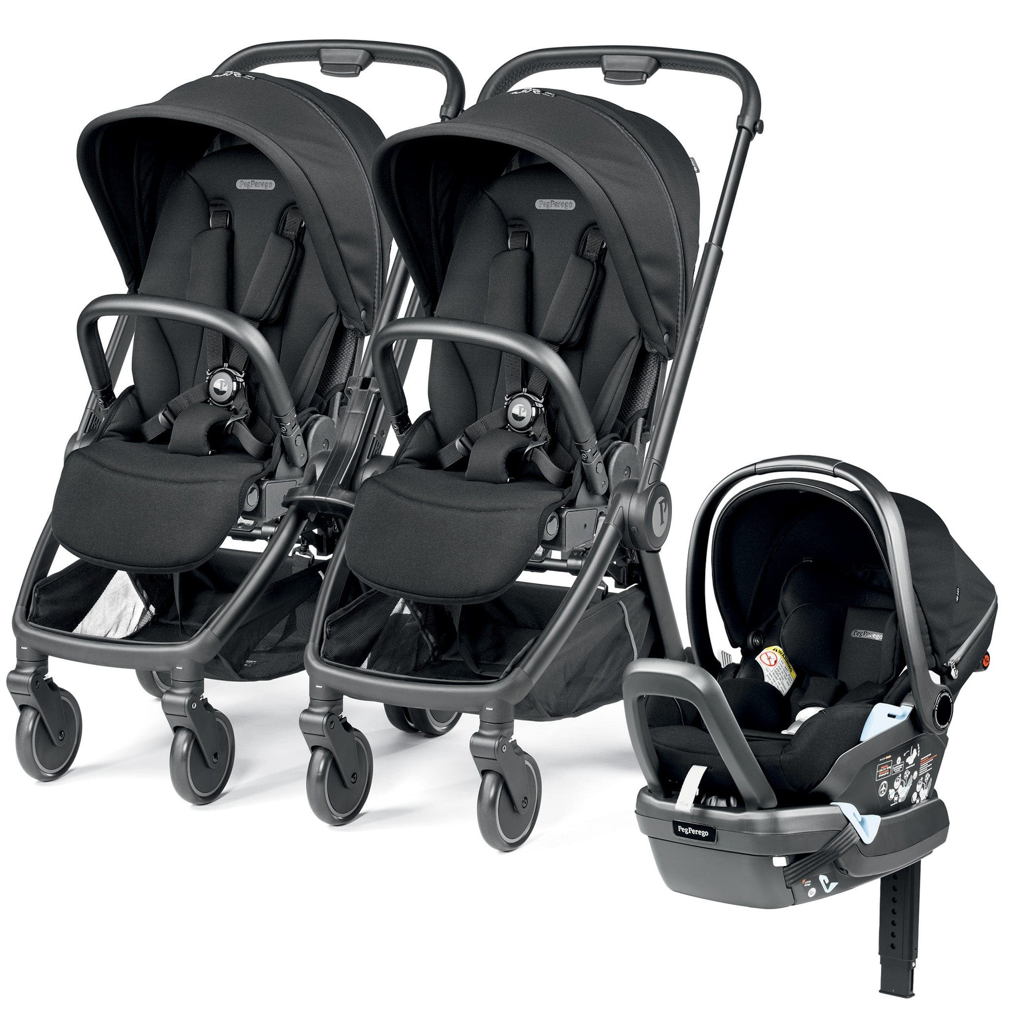 Peg Perego City Loop Double Stroller + Primo Viaggio Lounge Travel System Bundle - Black / True Black / True Black image 1