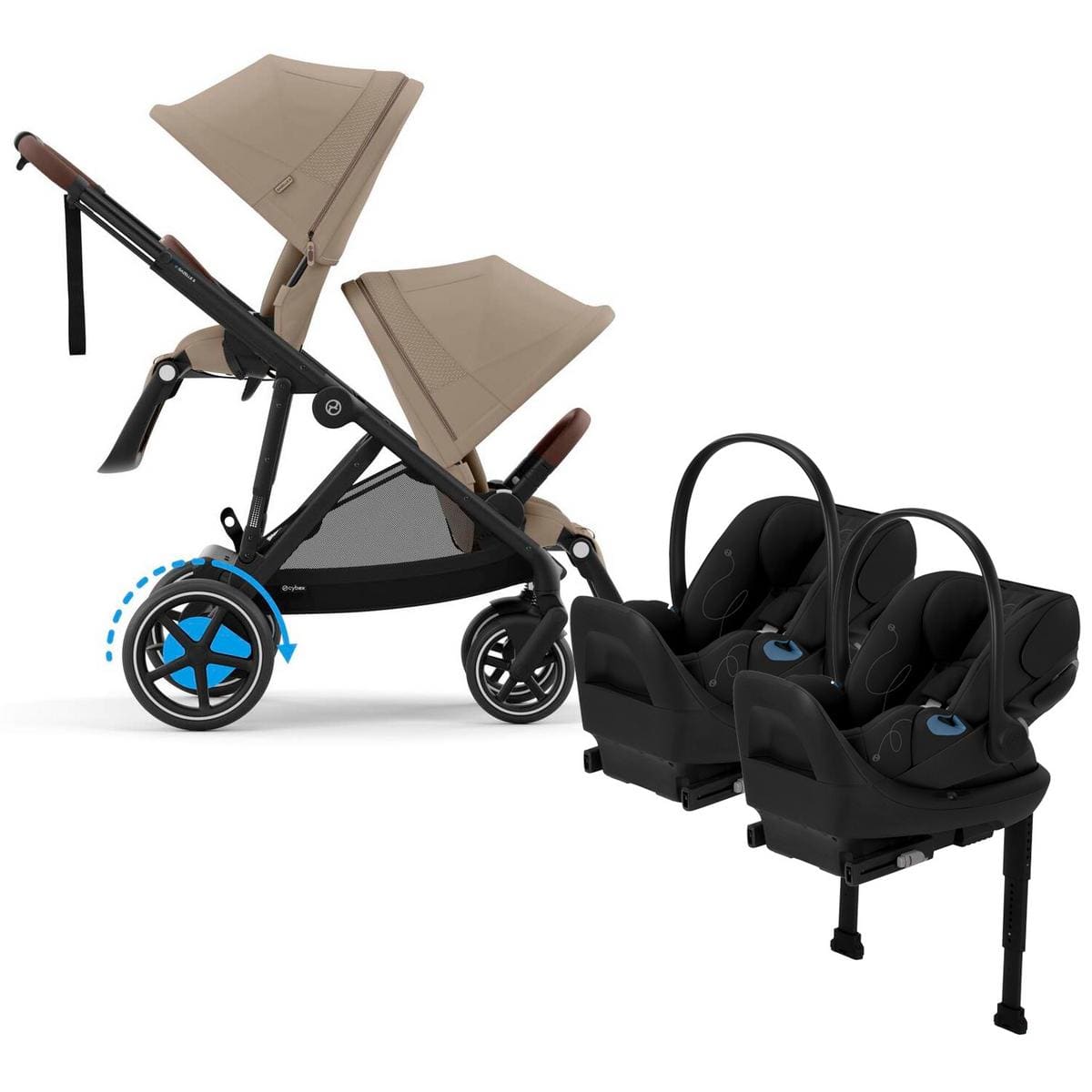 Cybex eGazelle S Double Stroller + Cloud G Lux SensorSafe Twin Travel System Bundle - Black Frame / Almond Beige / Moon Black image 1