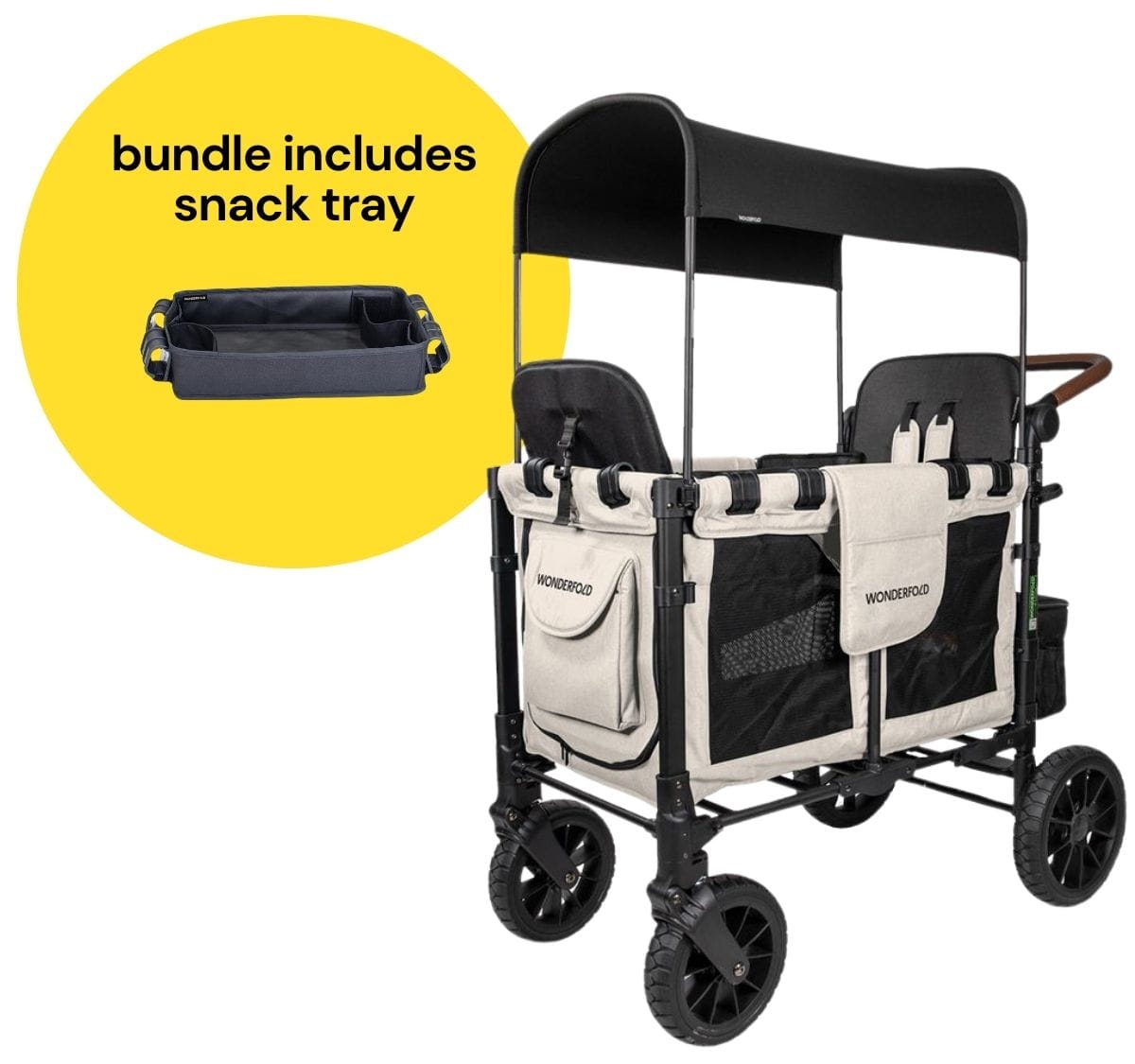 Wonderfold W2 Luxe Multifunctional Double (2 seater) Stroller Wagon + Snack Tray Bundle - Sandy Beige / Black Canopy (Albee Exclusive) image 1