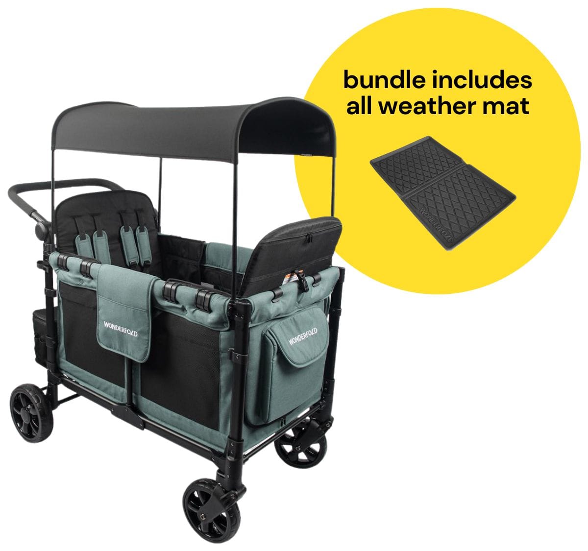 WonderFold W4 Elite Multifunctional Quad (4 Seater) Stroller Wagon + All Weather Mat Bundle - Hunter Green image 1