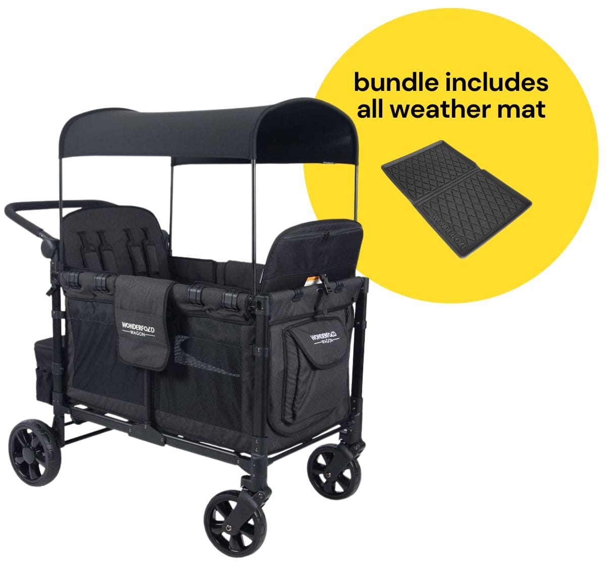 WonderFold W4 Elite Multifunctional Quad (4 Seater) Stroller Wagon + All Weather Mat Bundle - Volcanic Black image 1