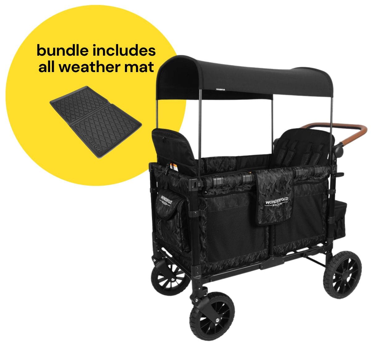 WonderFold W4 Luxe Multifunctional Quad (4 Seater) Stroller Wagon + All Weather Mat Bundle - Black Camo image 1