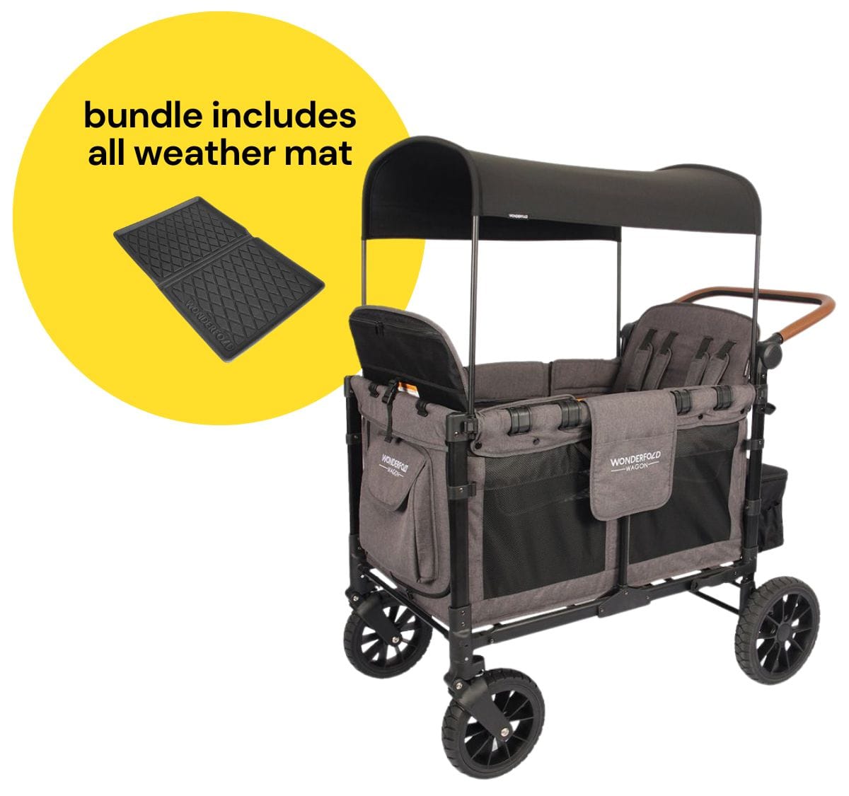 WonderFold W4 Luxe Multifunctional Quad (4 Seater) Stroller Wagon + All Weather Mat Bundle - Charcoal Gray/Black Frame image 1