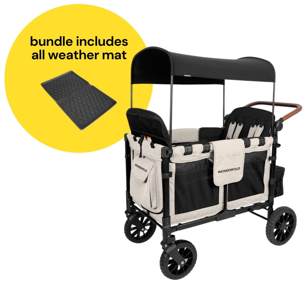 WonderFold W4 Luxe Multifunctional Quad (4 Seater) Stroller Wagon + All Weather Mat Bundle - Sandy Beige / Black Canopy (Albee Exclusive) image 1