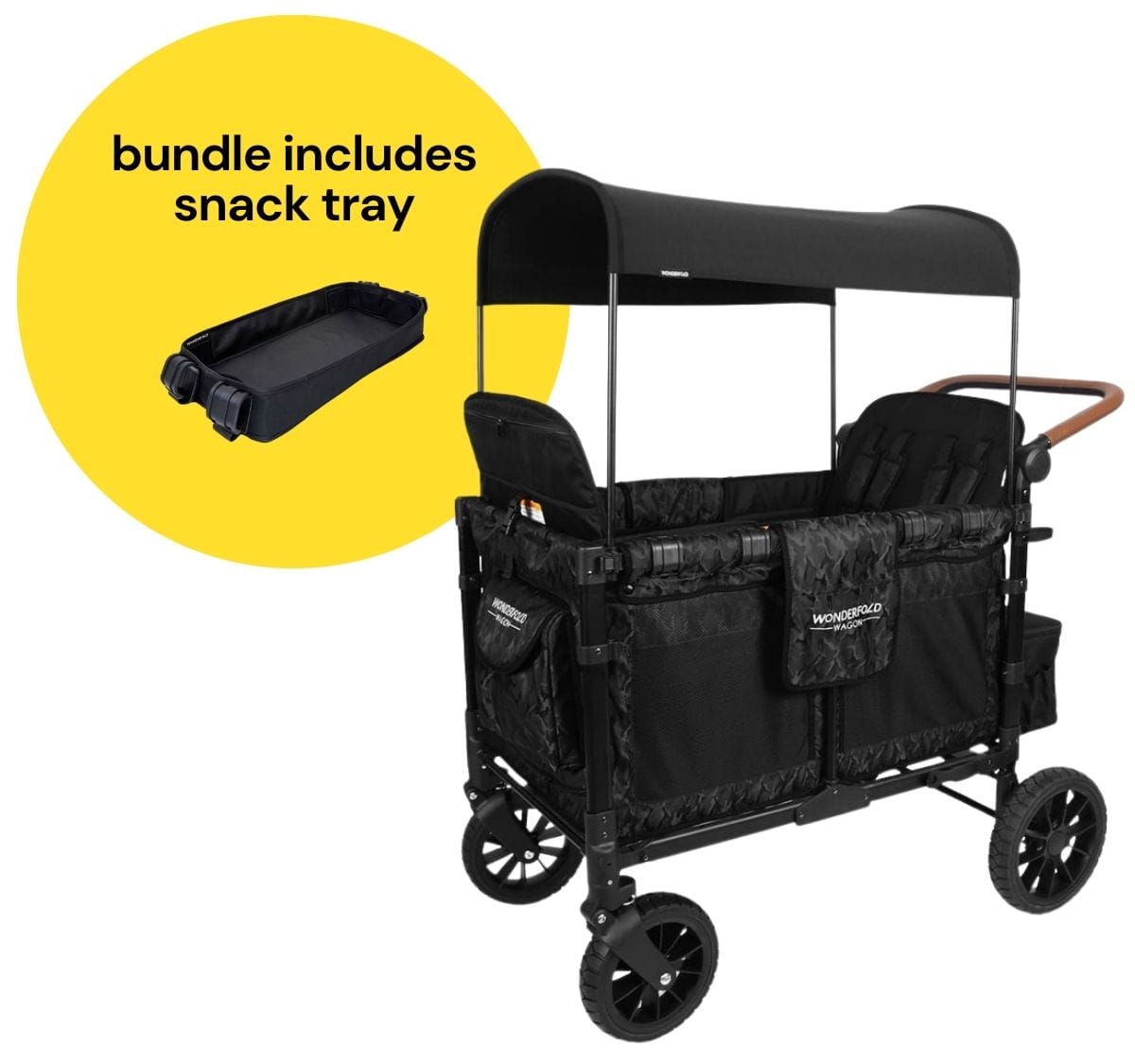 WonderFold W4 Luxe Multifunctional Quad (4 Seater) Stroller Wagon + Snack Tray Bundle - Black Camo image 1