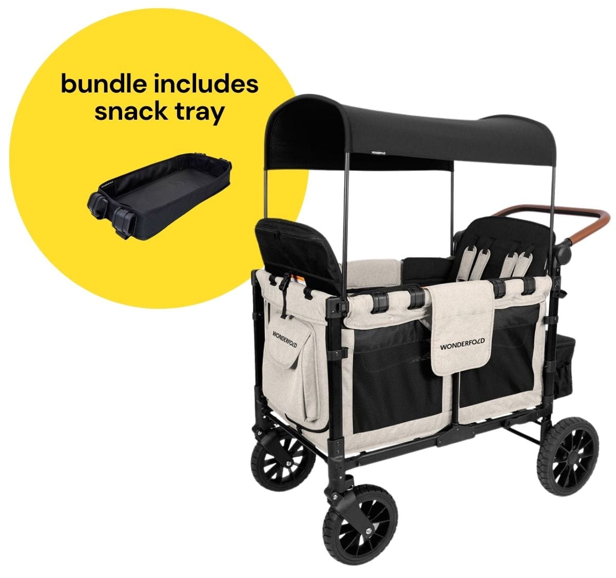 WonderFold W4 Luxe Multifunctional Quad (4 Seater) Stroller Wagon + Snack Tray Bundle - Sandy Beige / Black Canopy (Albee Exclusive) image 1
