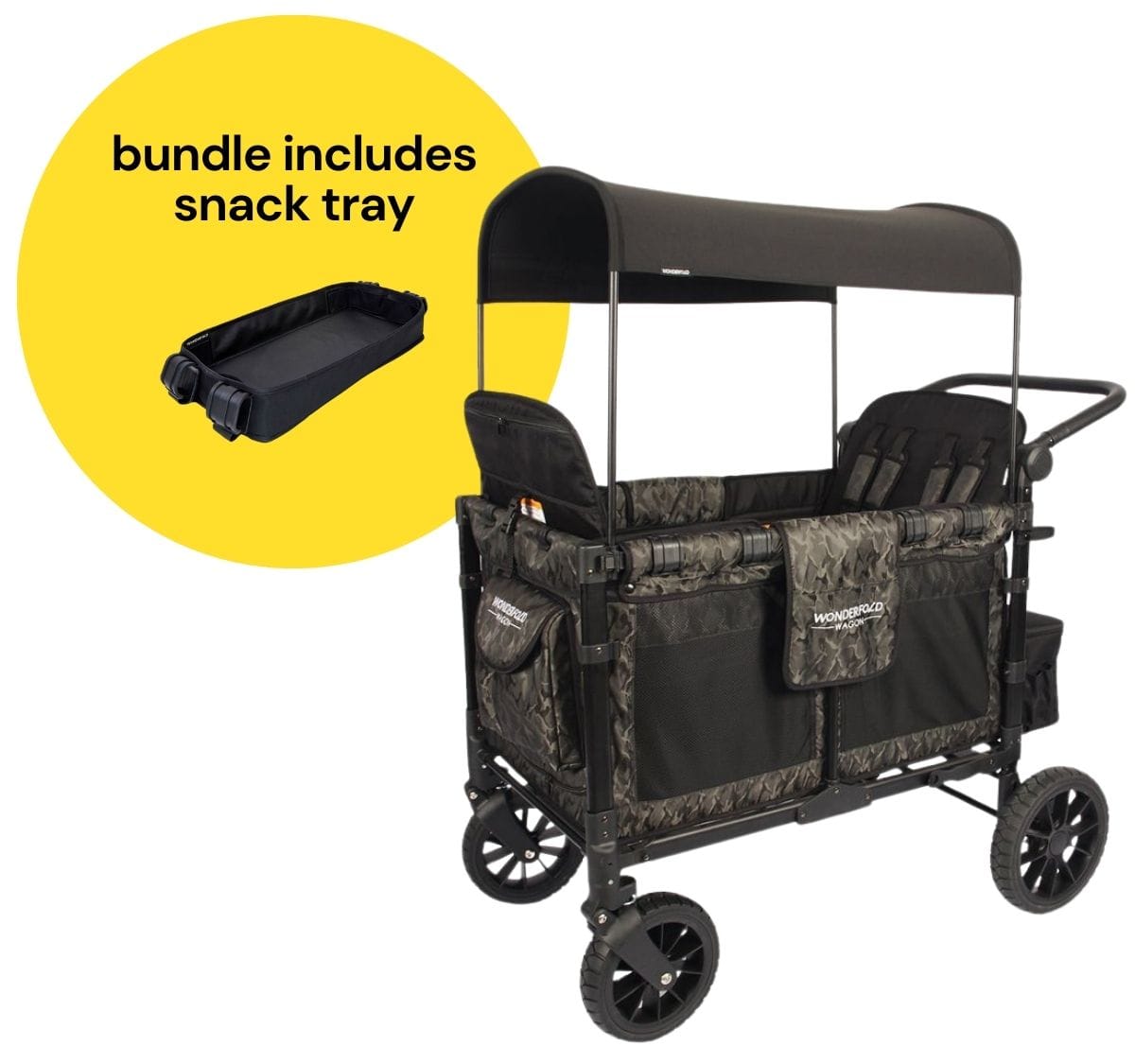 WonderFold W4 Luxe Multifunctional Quad (4 Seater) Stroller Wagon + Snack Tray Bundle - Shadow Green Camo image 1